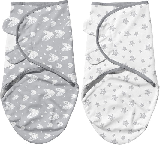 Biloban Baby Swaddles 0-3 Months for Boy Girls, Newborn, Organic Cotton Adjustable Blanket, Lovely Grey Print, 2 Pack