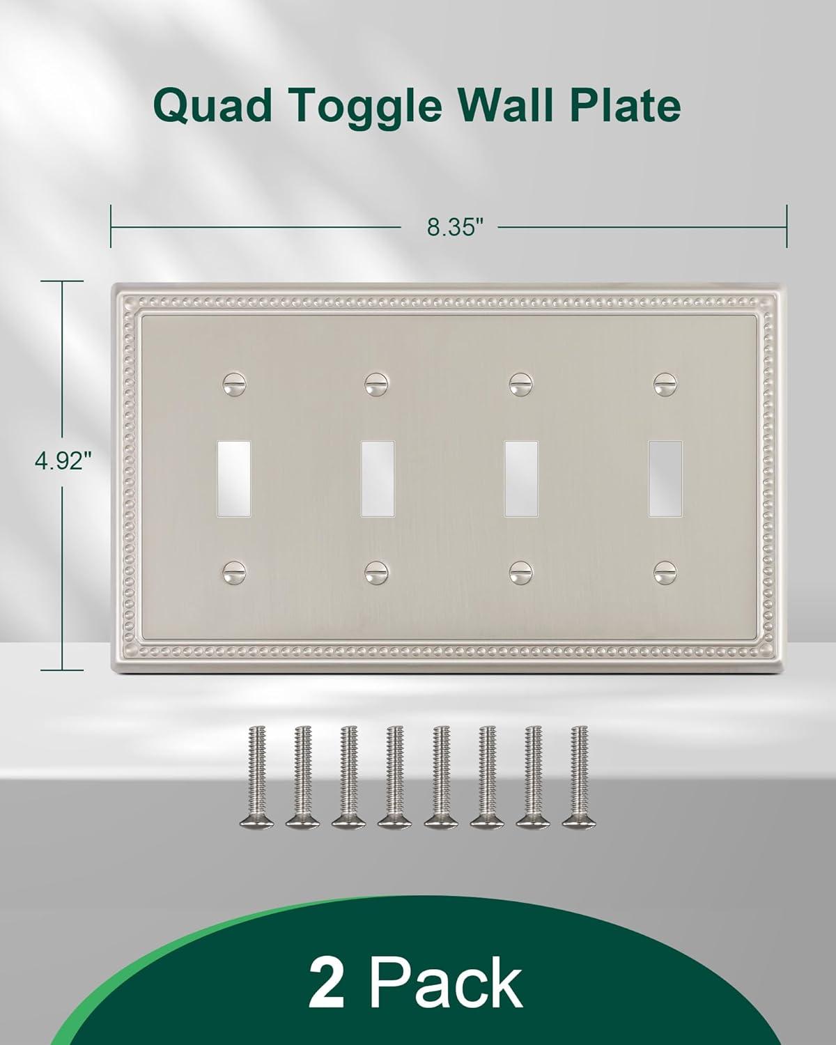 2-Pack Quad Toggle Light Switch Cover Plate, 4 Gang Metal Switch Plate Covers, Brushed Nickel Pearls Decorative Wall Plate, Corrosion Resistant