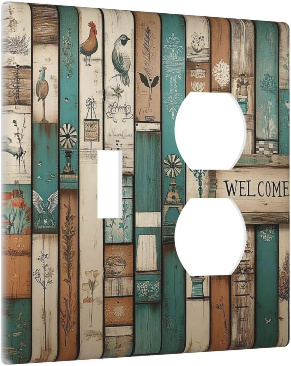 Wallplates Vintage Wood Brown Turquoise Splicing 1 Toggle 1 Duplex Switch Plate Electrical Gfci Faceplate Decorative Light Switch Covers For Farmhouse Cabin Decor