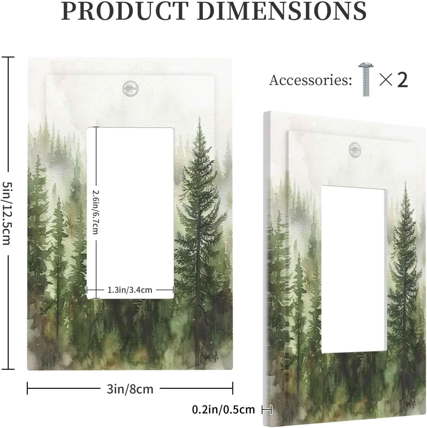 Decorative Outlet Covers Green Forest Watercolor Painting Foggy Pine 1 Gang Single Rocker Light Switch Cover Plate Wall Plates GFCI Faceplate for Bedroom living Room Decor