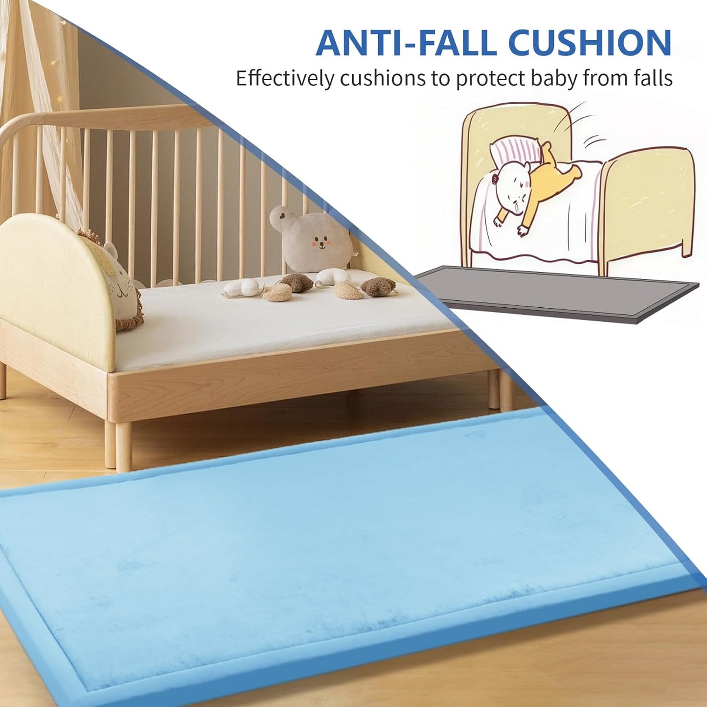 Play Mat for Babies Toddlers,1.3" Thick Elasti-Foam Anti-Fall Cushion Mat for Kids Room,28×72 Bedroom Bedside Rugs,Water-Repellent Soft Coral Velvet(Light Blue)