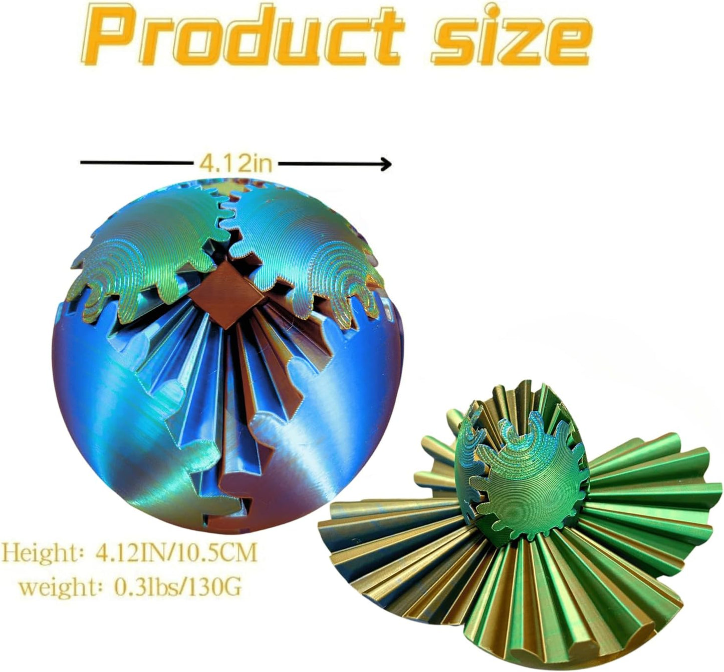GearSphere 4.2in 3D Printed Gear Sphere Spin Ball Cube Fidget Toy, Stress Ball, Desk Toy for Anxiety Relaxing (Laser Blue Gold)