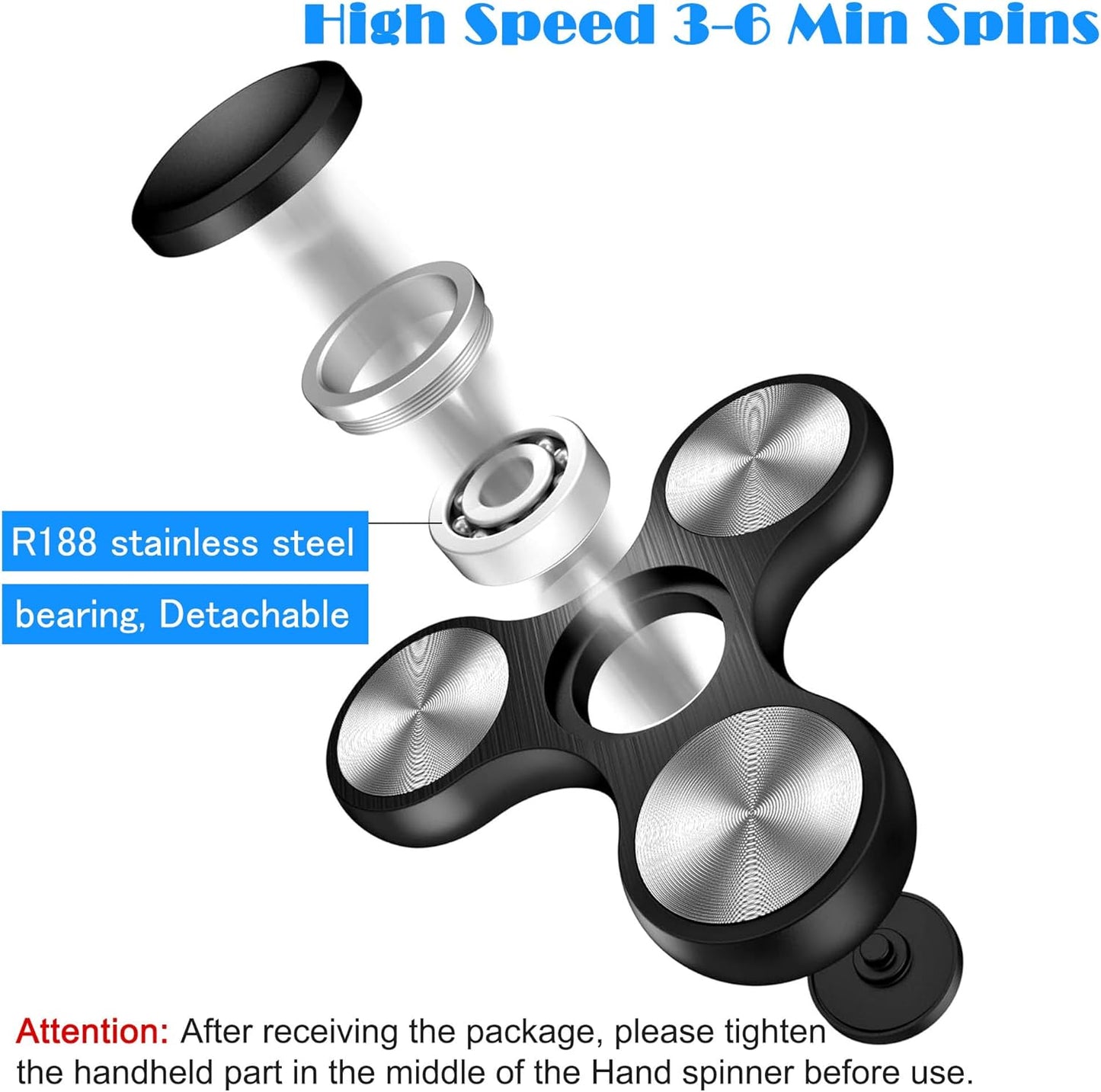 Fidget Spinners Toy Ultra Durable Stainless Steel Bearings High Speed 3-6 Min Spins Metal Material Hand Spinner ADHD Focus Anxiety Toys Stress Relief Reducer Fidget Spinner for Kids Adults-Black