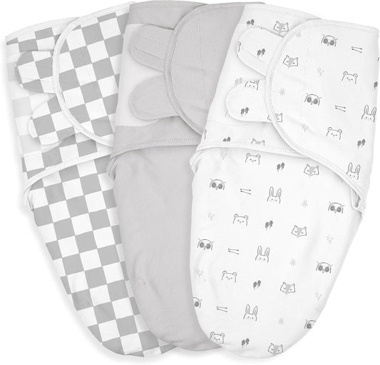 Baby Swaddle Sacks, 3-Pack Newborn Organic Cotton Swaddle Wrap, Adjustable Swaddling Blankets, Nursery Swaddling Essentials for Newborn 0-3 Months, Infant Shower Items Gift (Animals & Square)
