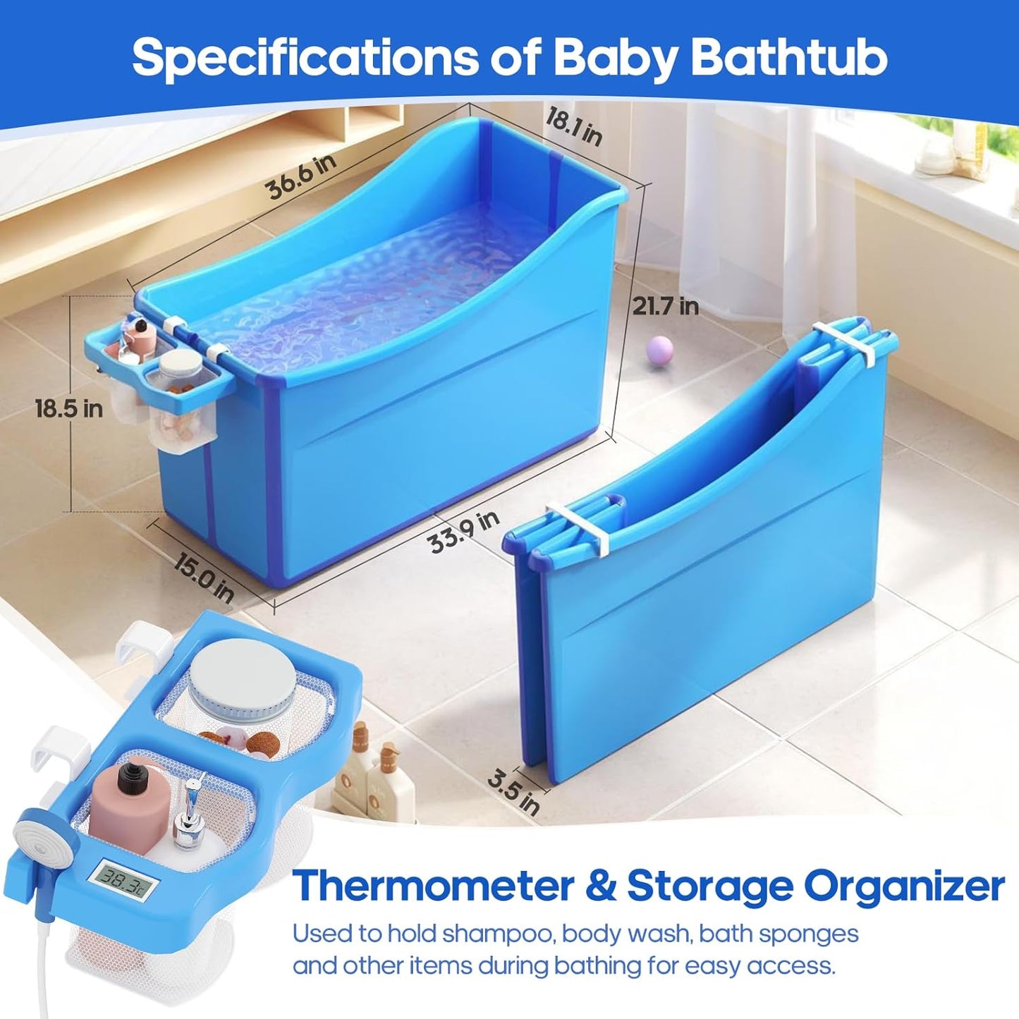 Collapsible Baby Bathtub Foldable Bathtub for Toddler Portable Large Foldable Bath Tub Bathtub for Kids Petite with Thermometer and Storage Basket (Blue)