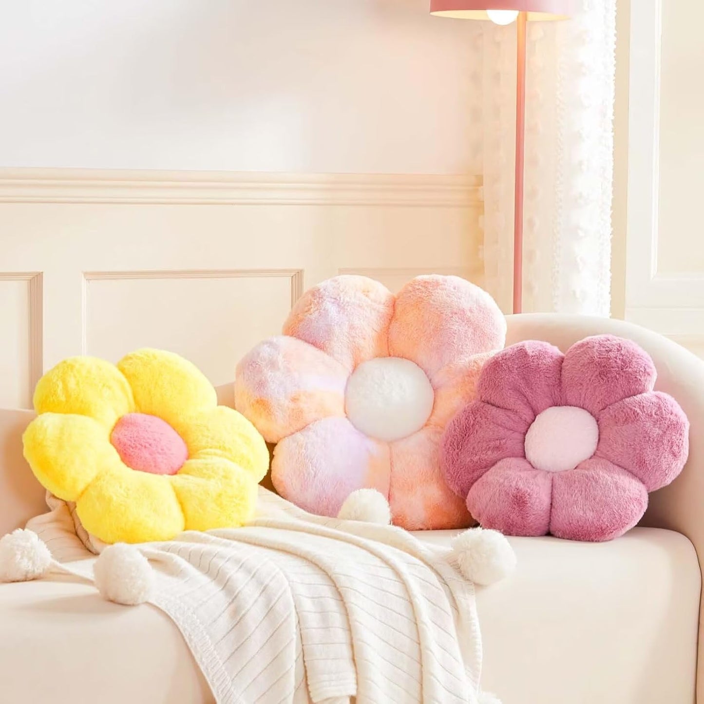 Yellow Flower Shaped Throw Pillow with Faux Rabbit Fur, 14.9' Soft Plush Throw Pillow for Bedroom & Living Room