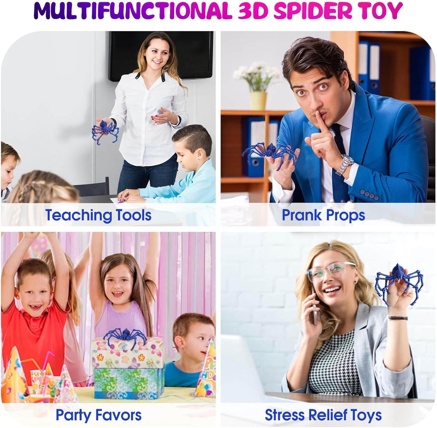 3D Printed Spider Fidget Toys, 1 Pack Articulated Fake Spider Figures Party Favors for Birthday Halloween Christmas, Stress Relief Desk Toys for Classroom Office Home (Laser-purple)