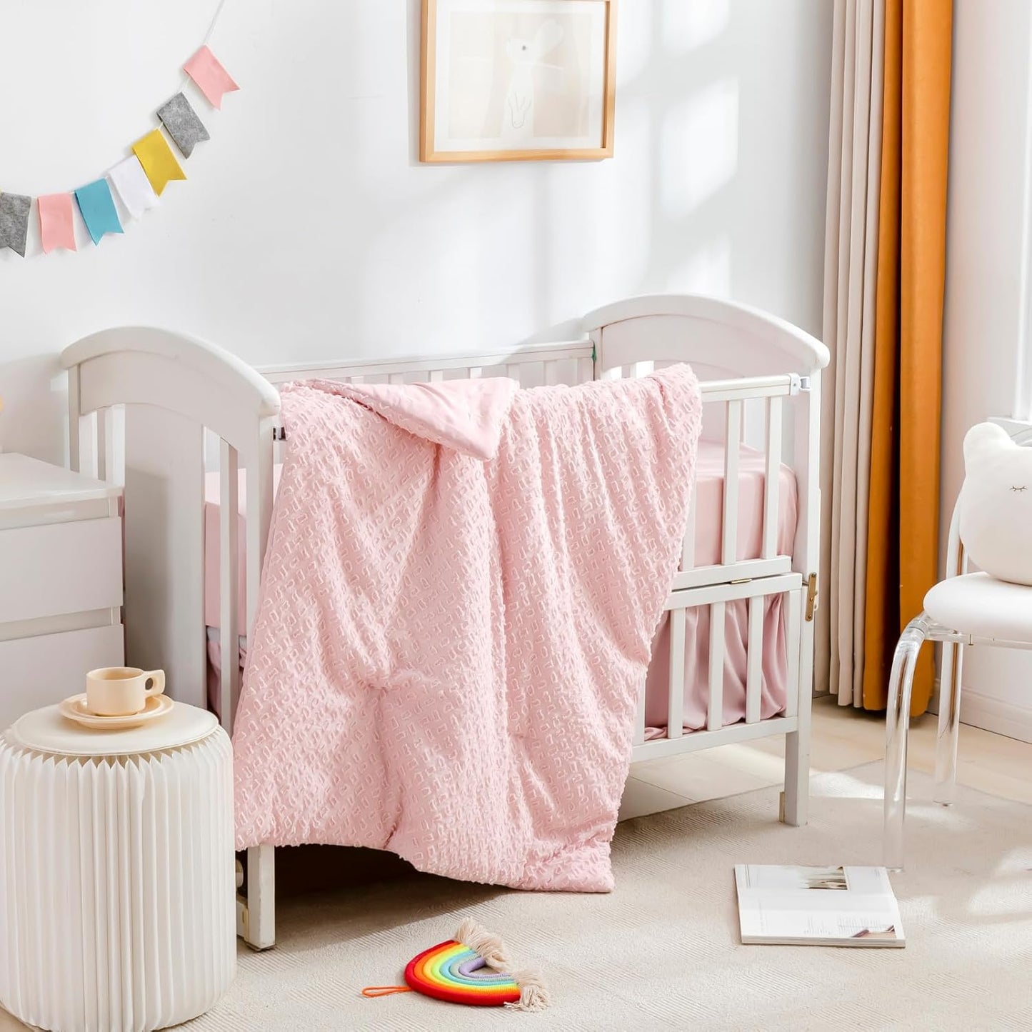 Cokouchyi 3 Piece Bedding Set for Boy Girls, Jacquard Tufted Geometric Crib Set, Includes Crib Skirt, Blanket and Sheet, Baby Bedding, Pink