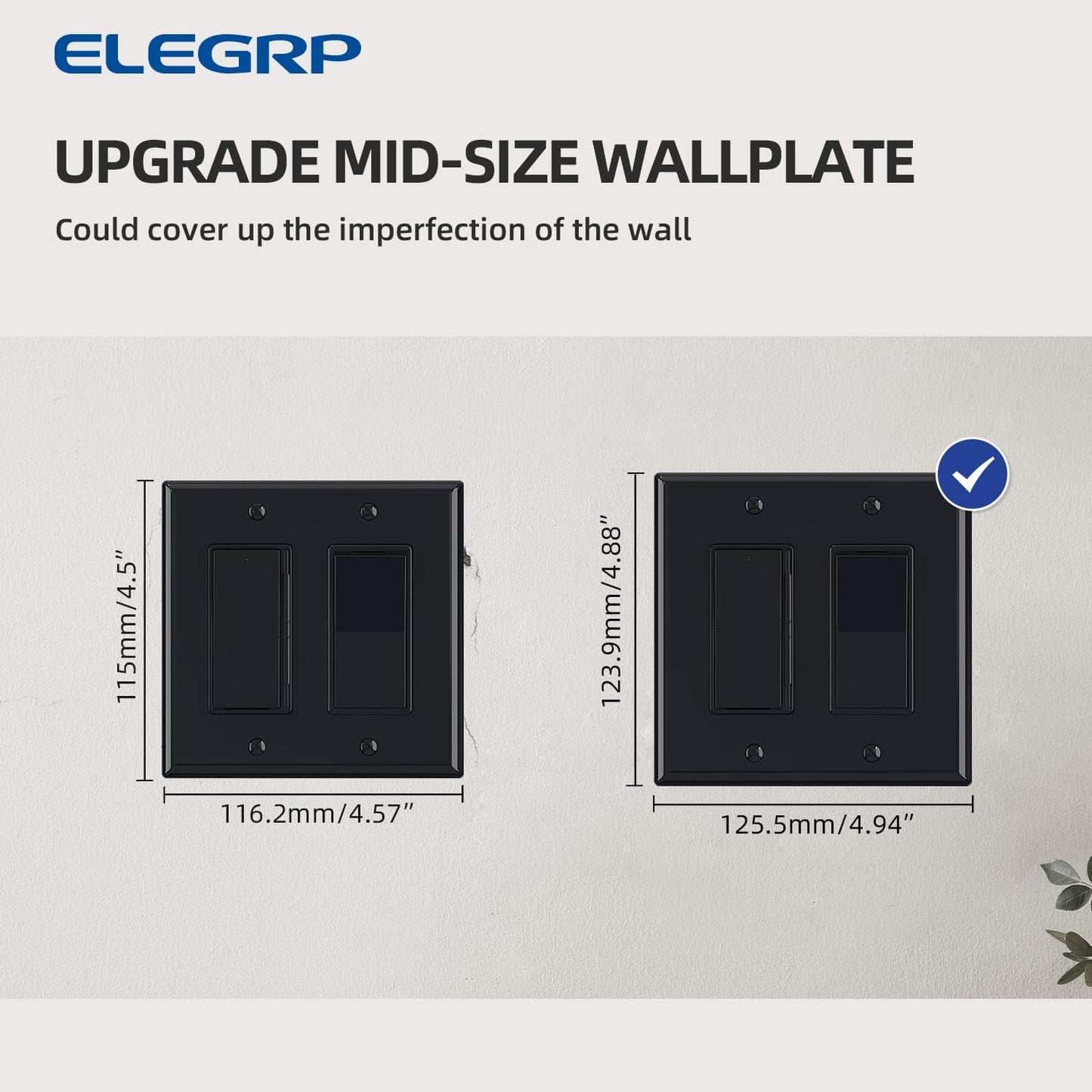 ELEGRP 2-Gang Decorative Wall Plates, Mid-Size 4.88" H x 4.94" L Unbreakable Thermoplastic Faceplate Cover for Decorator Receptacle Outlet Switch, UL Listed (2 Pack, Glossy Black)