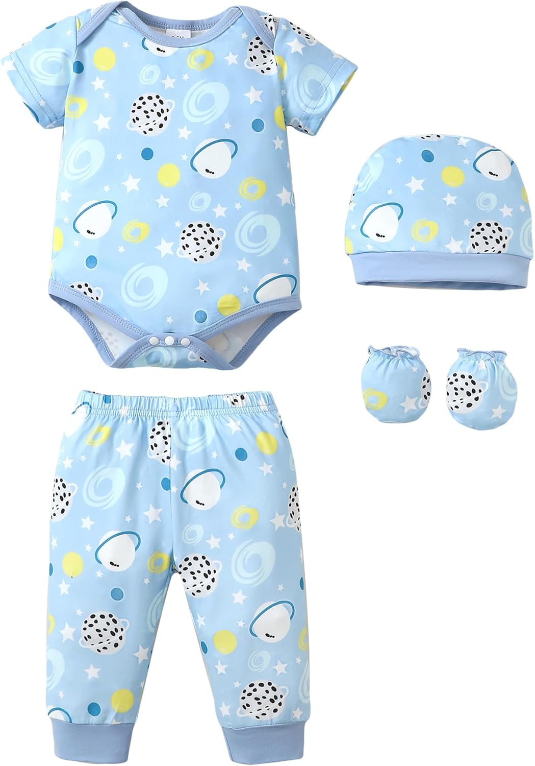 NZRVAWS Newborn Baby Boy Girl Clothes Unisex Infant Romper Pants Set Hat 4-Pack Outfits 0-12 Months 16 Pieces Toddler