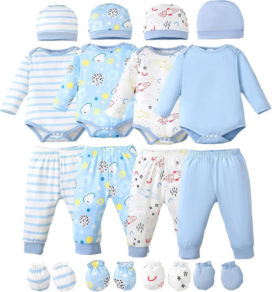 NZRVAWS Newborn Baby Boy Girl Clothes Unisex Infant Romper Pants Set Hat 4-Pack Outfits 0-12 Months 16 Pieces Toddler