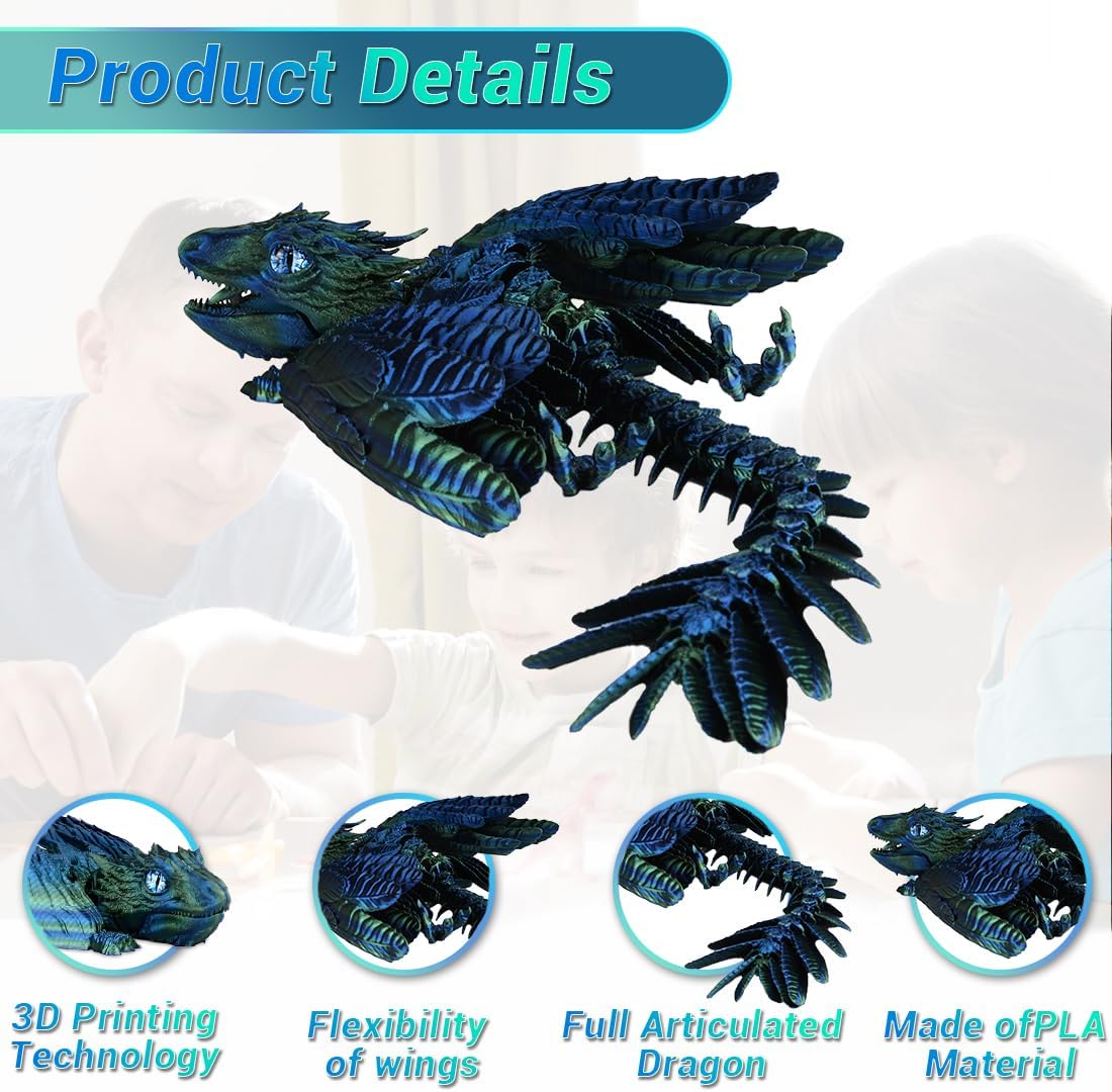 3D Printed Dragon with Wings 3D Printed Animals Articulated Dragon Fidget Dragon 3D Printed Toys Dragon Toy Desk Pets Home Office Decor (Blue)