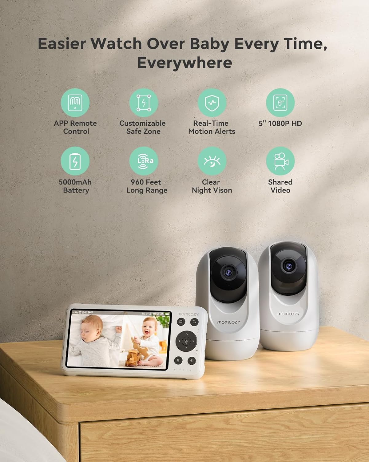Momcozy BM04 Smart WiFi Baby Monitor with 2 Cameras, 5’’ 1080P Split Screen Video Baby Monitor with Camera and Audio, Clear Night Vision, 5000mAh Battery, 2-Way Audio
