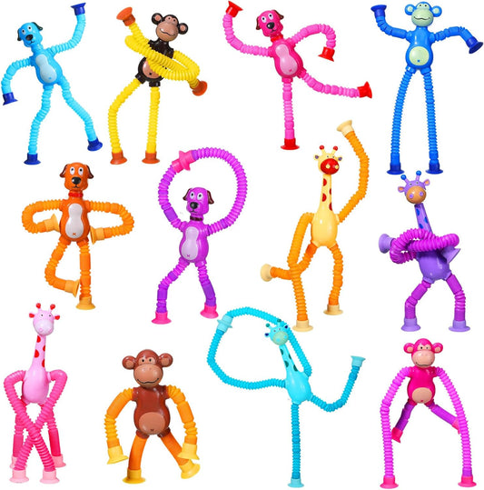 12 Pack Telescopic Suction Cup Toys, Sensory Toys Fidget Toys Fun Stocking Stuffers for Teens (Monkey Dog and Giraffe)