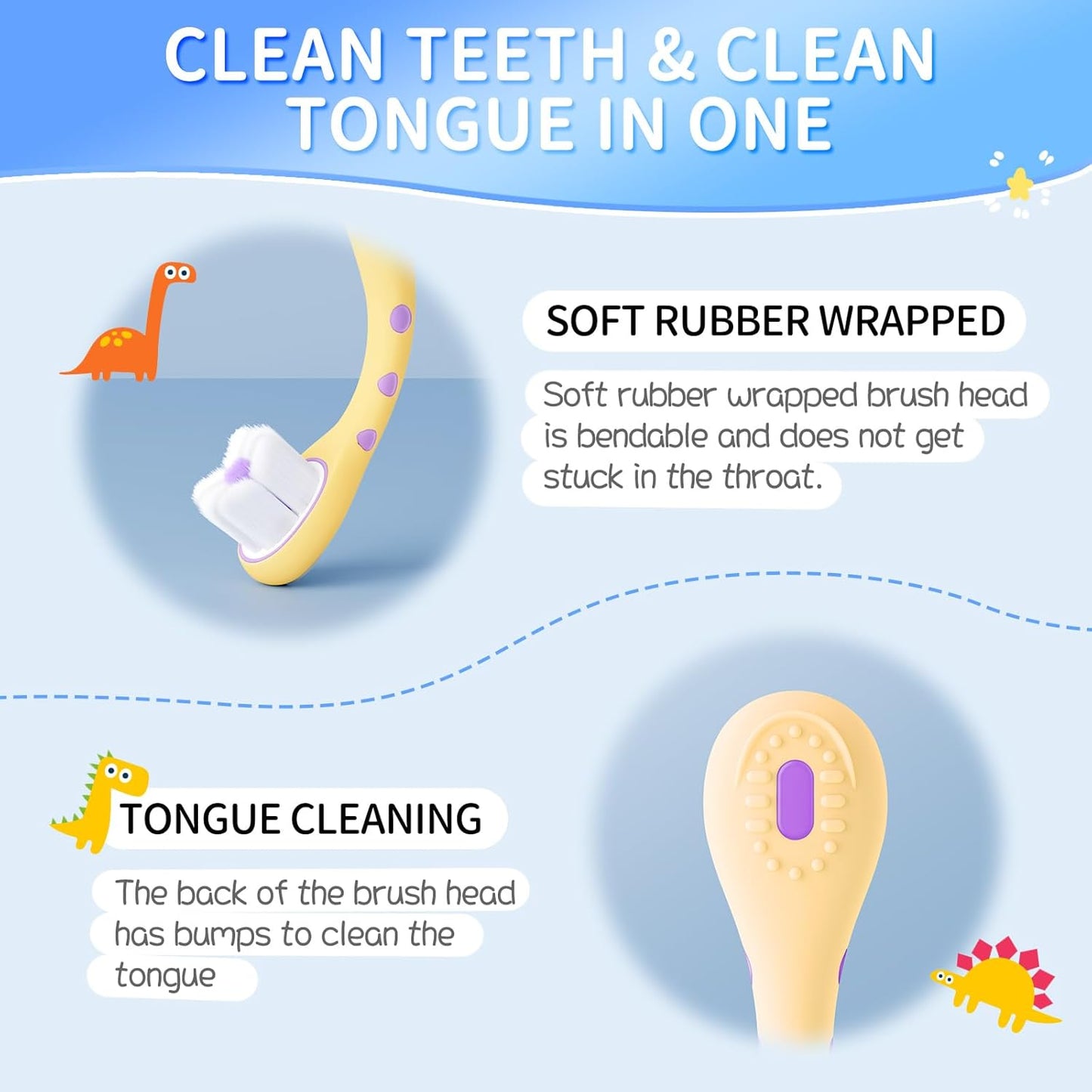 Toothbrush for Toddlers 1-3,Infant to Toddler Training Tooth Brush,Extra Soft Baby Toothbrushes Cleans Baby Sensitive Teeth Non-Slip Grip, Cute Dinosaur Kids Toothbrush for Boys Girls 2 Pack