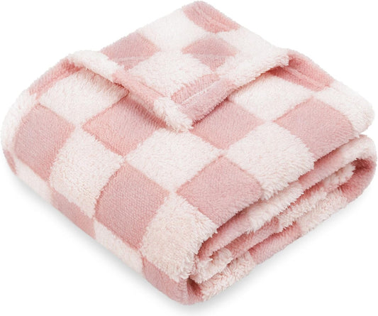 HOMRITAR Baby Blanket for Girls 3D Checkered Fleece Fluffy Fuzzy Checkerboard Grid Warmer Shaggy Soft Cozy Fuzzy Bed Blanket for Toddler, Newborn or Infant Pink 30 x 40 Inch