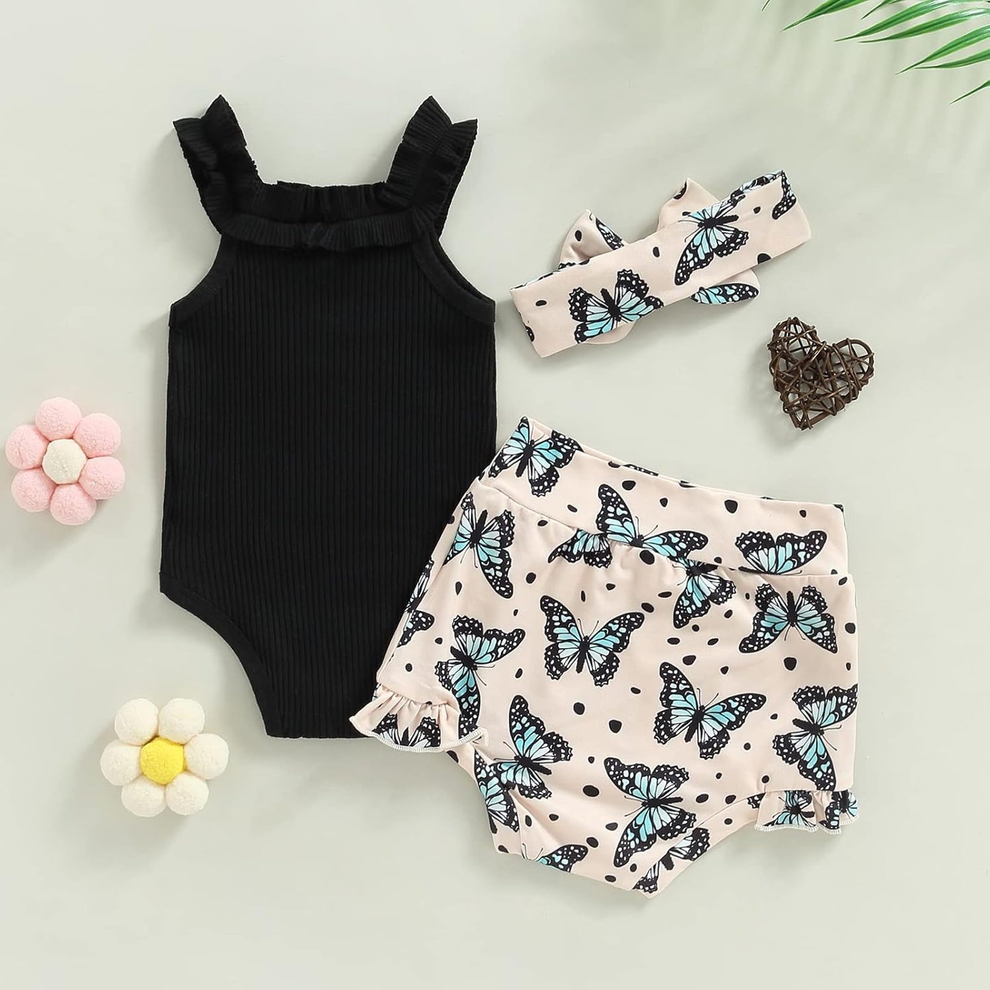 fhutpw Baby Girl Clothes Summer Cute Outfits 3 6 12 18 Months Spaghetti Strap Romper & Floarl Shorts Sets