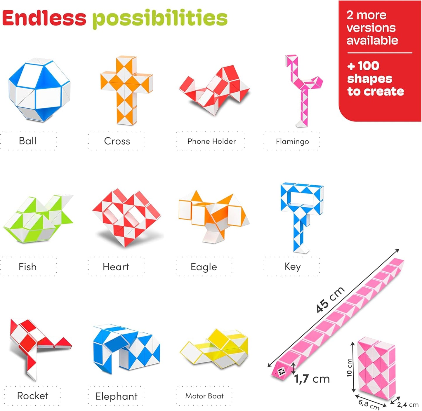 CUBIDI® Magic Snake Cube | Fidget Snake Toy for Kids | Travel Toys for Kids Ages 4-8 | Great Gift for Boys and Girls Birthday, Christmas, Stocking Stuffers - 24 Blocks | 0.9 inch x 0.7 inch | Pink