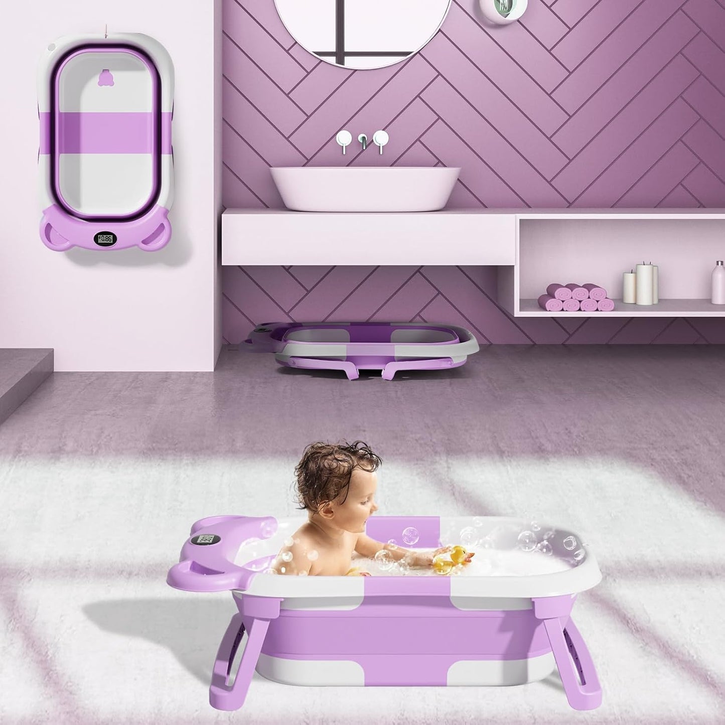 TPN Collapsible Baby Bathtub, Baby Bath Tub with Soft Cushion & Real-Time Thermometer, Baby Bathtub Infant to Toddler Tub (0-36 Months), Portable Newborn Travel Bath tub