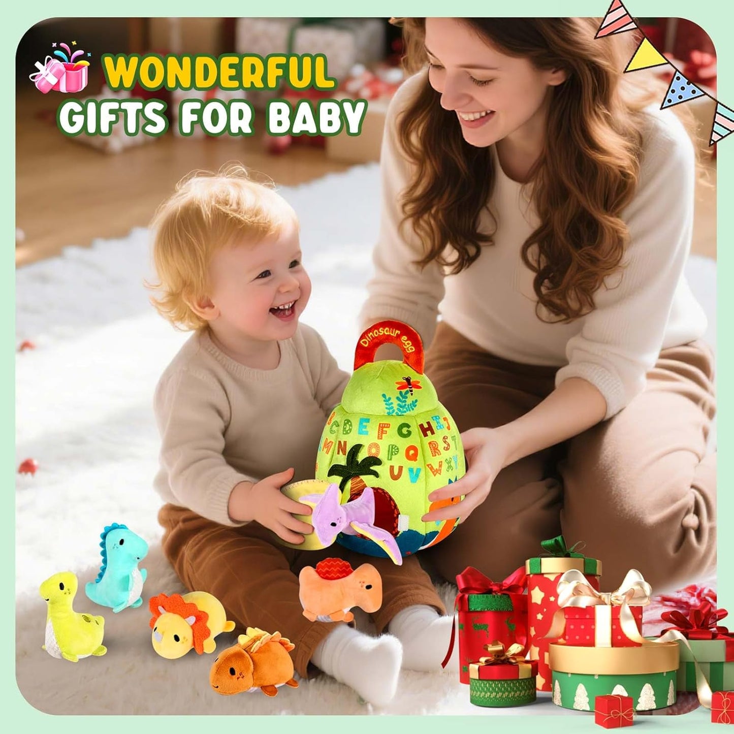 Baby Toys 6-12 Months - Soft Dinosaur Egg Toy with Rattle, Crinkle Paper, Squeaker, Mirror - Baby Sensory Toys for 6+ Month Old Developmental, Montessori Toys for 1 Year Old Boy Girl Gifts