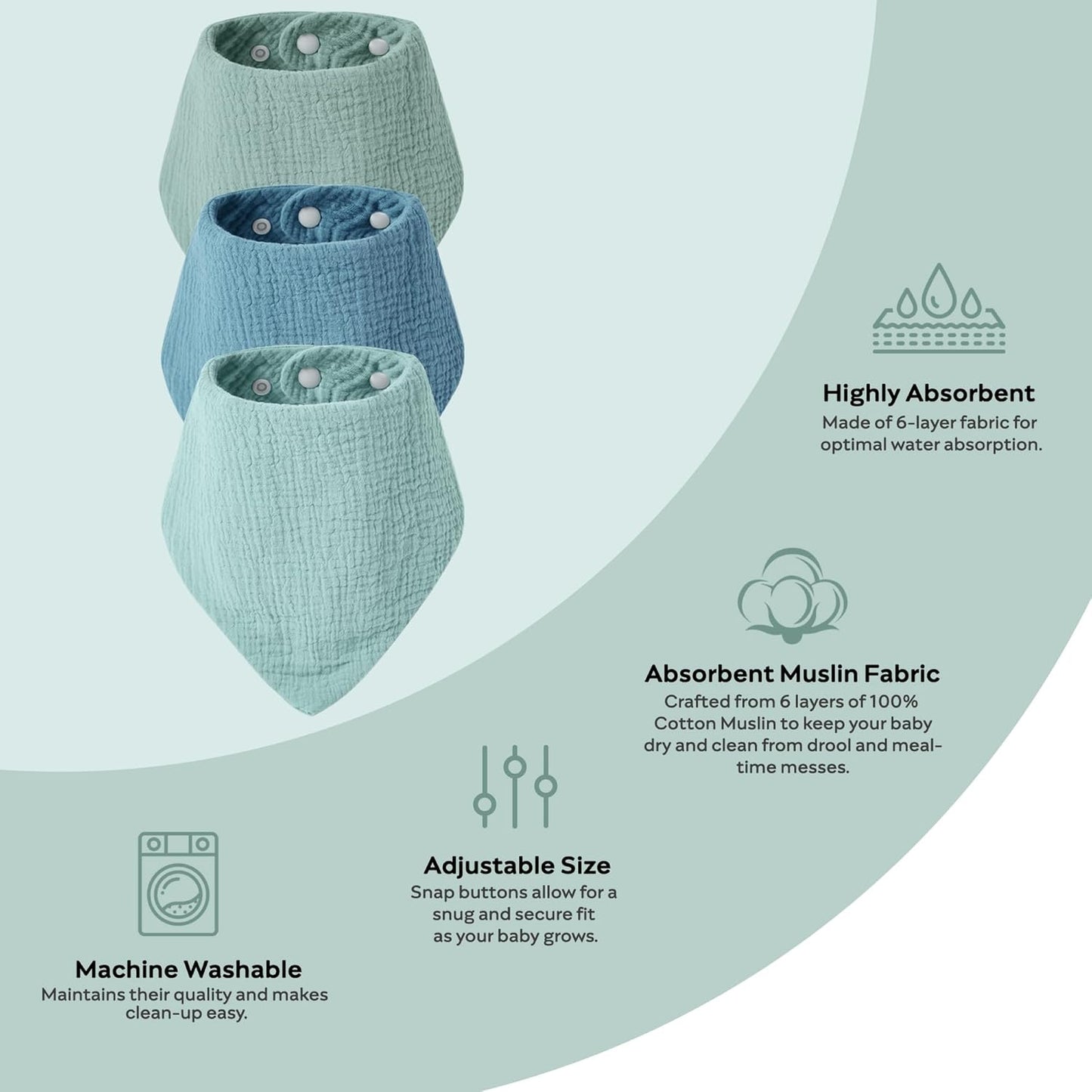 JELLYMONI 10 Pack Muslin Drool Bibs for Babies - Soft Adjustable Bandana Bib with Snaps, Absorbent Unisex Teething Bib for Newborn Girls & Boys