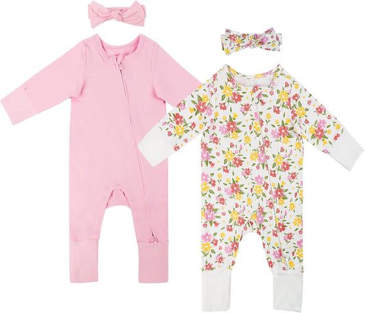 Satol Baby Girl Cotton Clothes, One-Piece Zip Front Footed, 2 Way Zipper Outfit Baby Clothes for Girls