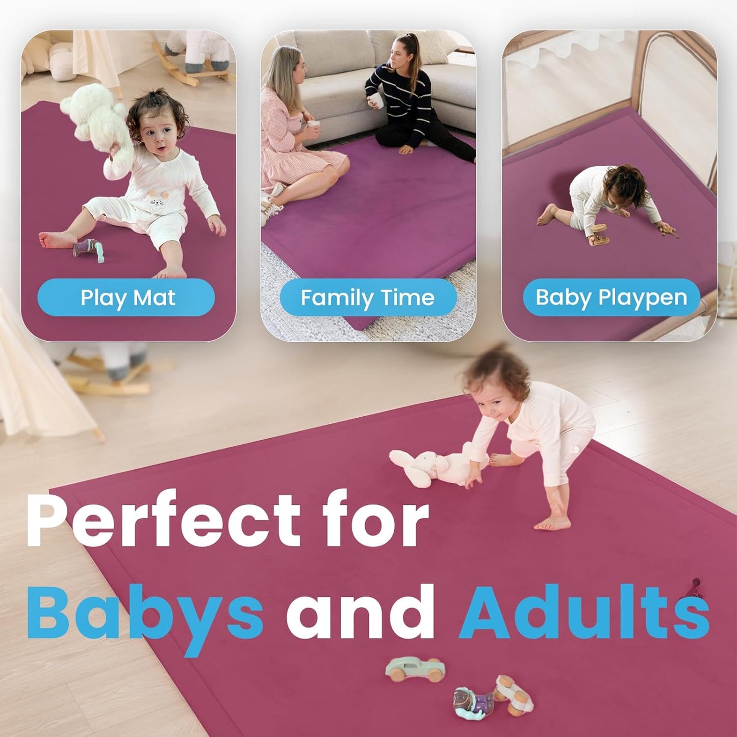 Ultra Soft Baby Play Mat,1.3" Thick Elasti-Foam Tummy Time Mat for Infants,Toddlers,Kids,Water-Repellent Coral Fleece Nursery Rug,Non-Slip Safe for Crawling&Hardwood Floors(Burgundy)
