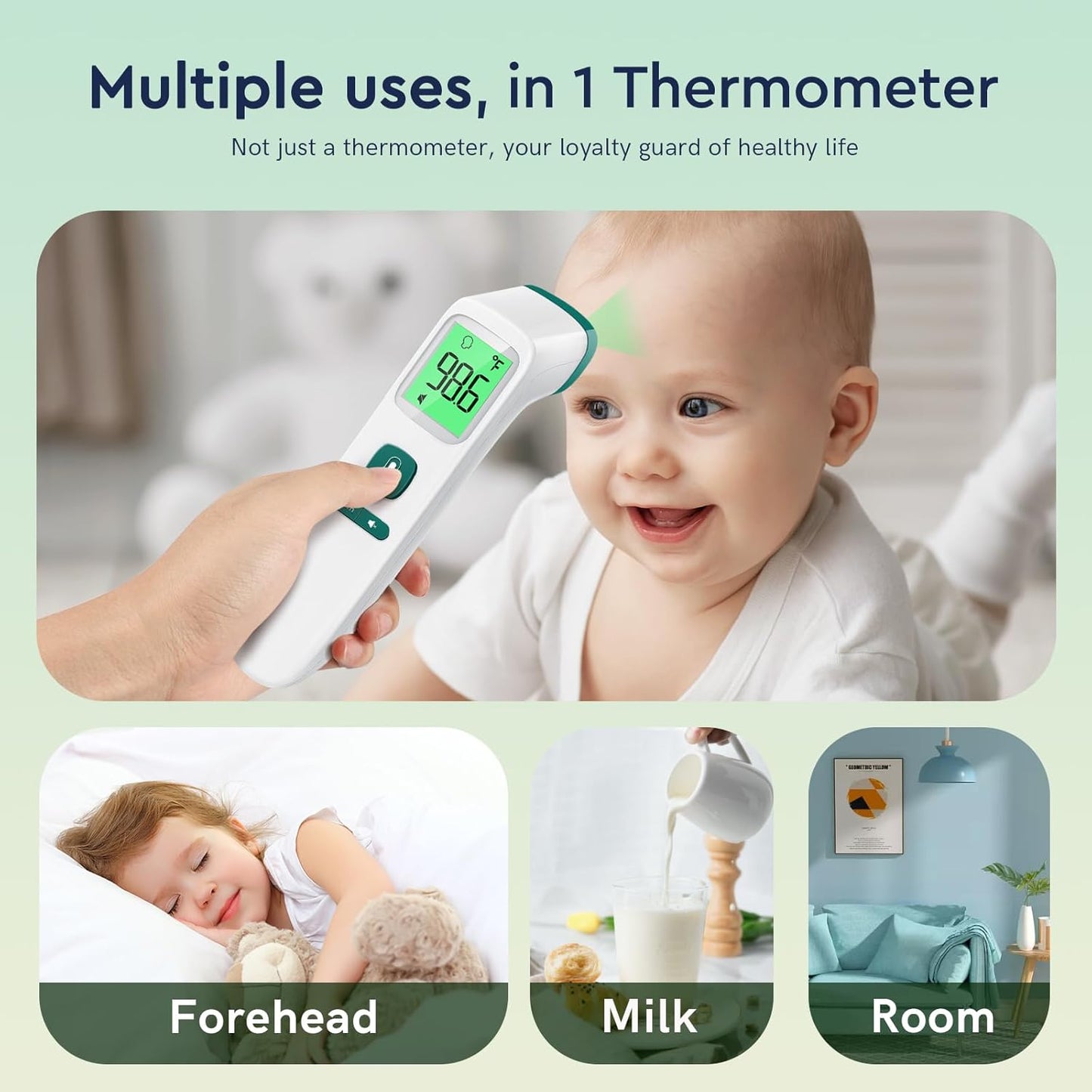 Forehead Thermometer for Adults and Kids, Fast Accurate Thermometer with Fever Alarm, 1S Reading & Silent Mode, Easy to Use Health Thermometer (Green)