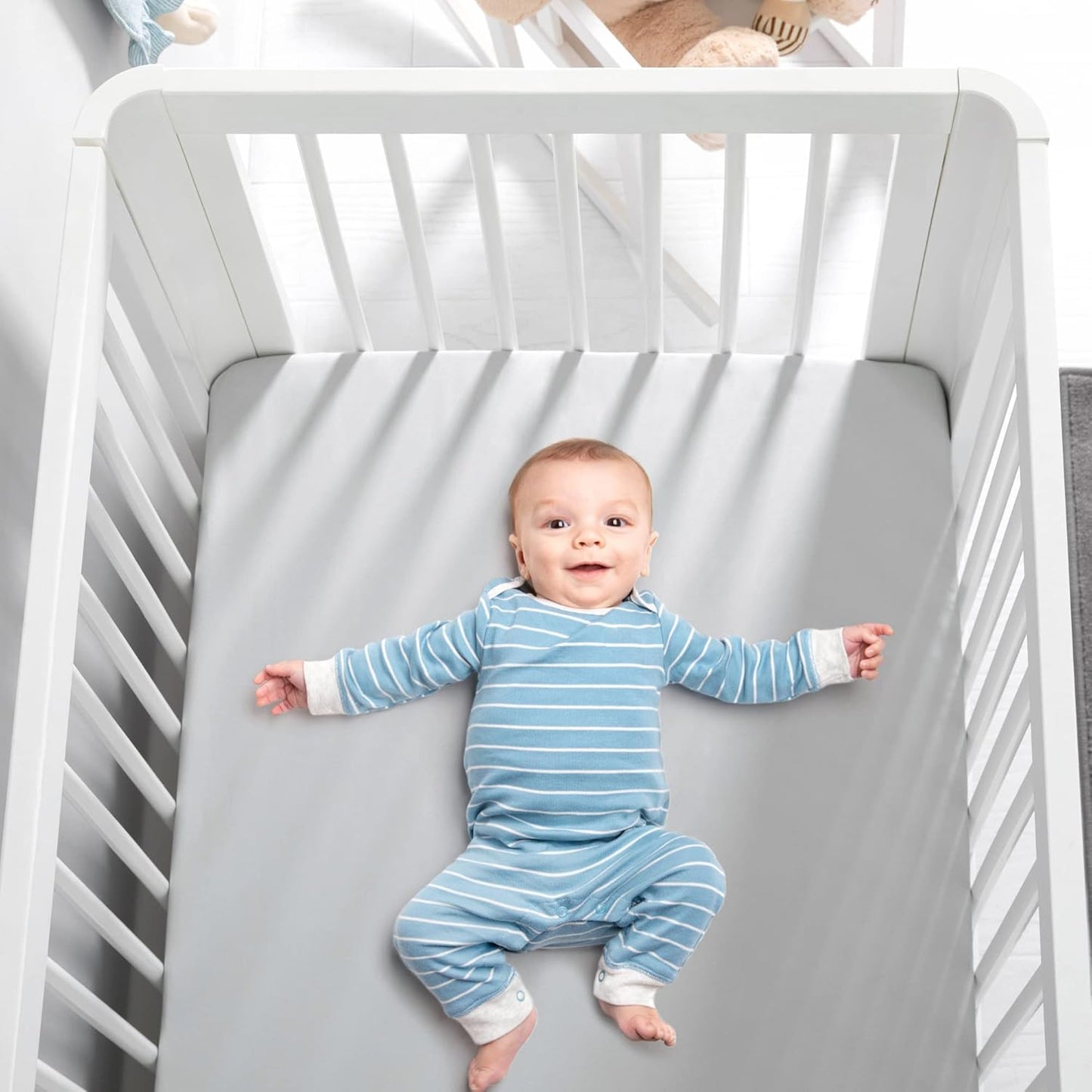 TILLYOU Baby Crib Sheets for Boys Girls, Fitted Crib Sheet 2 Pack for Standard Crib and Toddler Mattresses, Super Soft Toddler Bed Sheets, 28"x52"x8", White & Gray