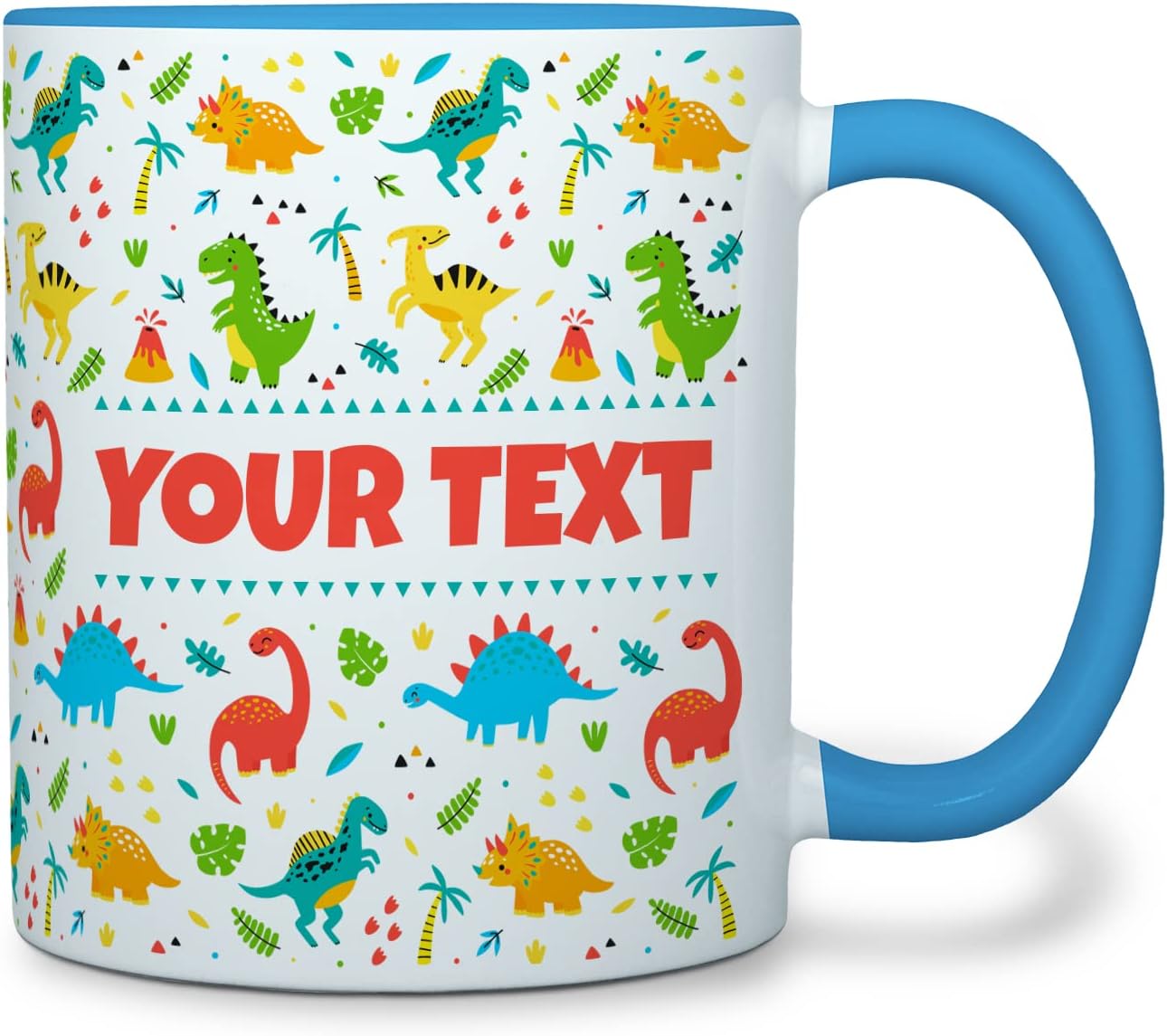 Personalized Mug for Kids - Dinosaurs - Custom Name/Text, Ceramic Hot Chocolate/Cocoa/Coffee Cup for Boys/Girls, Birthday/Christmas/Holiday Gift - 11 oz, Light Blue Handle