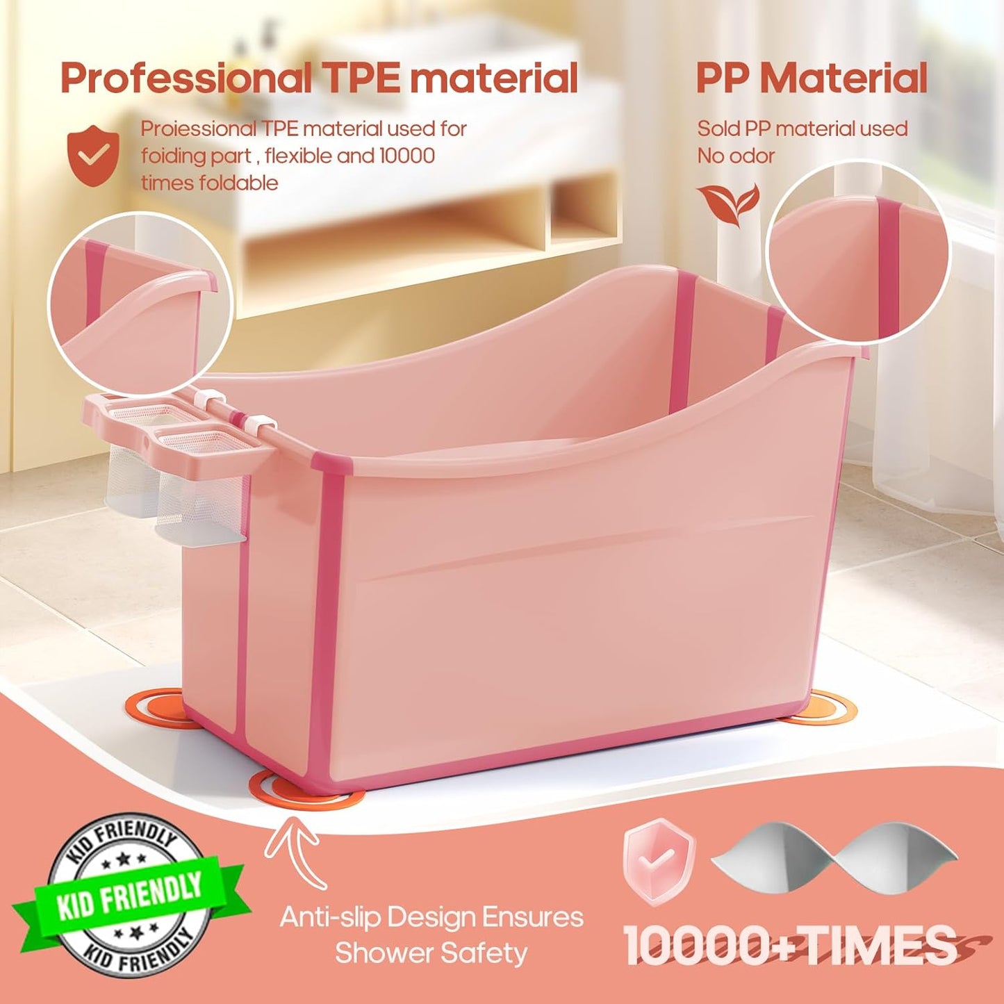Collapsible Baby Bathtub Foldable Bathtub for Toddler Portable Large Foldable Bath Tub Bathtub for Kids Petite with Thermometer and Storage Basket (Pink)