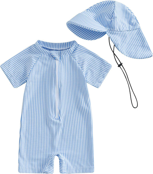 Toddler Baby Boys Seersucker Short Sleeve One Piece Rash Guard Swimsuit Zipper Bathing Suit Swimwear with Hat