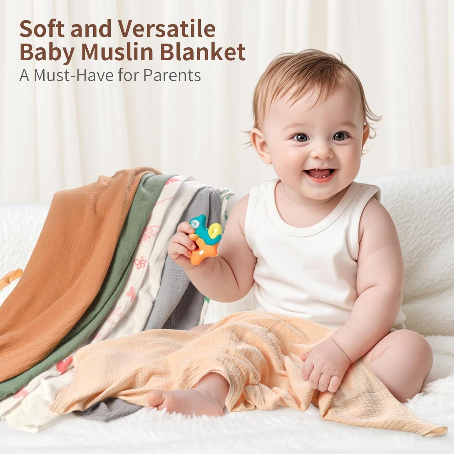 Muslin Swaddle Blankets for Newborn, 2 Pack Breathable Soft Receiving Blanket, Large 41 x 41 inches Swaddle Wrap Burping Clothes, Essentials Infant Shower Items. (Beige & White)