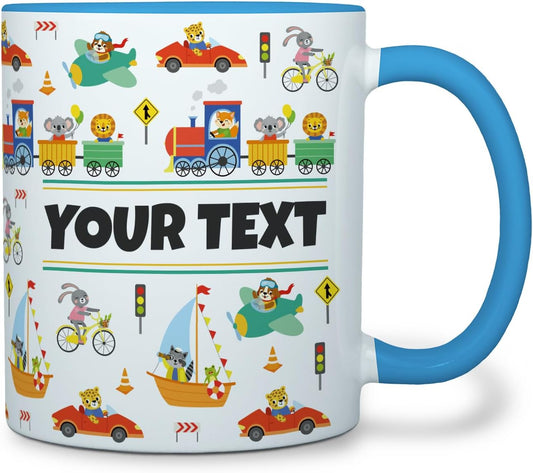 Personalized Mug for Kids - Vehicles - Custom Name/Text, Ceramic Hot Chocolate/Cocoa/Coffee Cup for Boys, Birthday/Christmas/Holiday Gift - 11 oz, Light Blue Handle