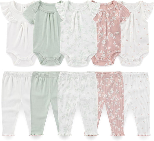 Baby Boy Girl 10 Piece Combined Type Clothing Set Cotton Baby Bodysuits and Pants Set Home Outdoor Infant Clothes