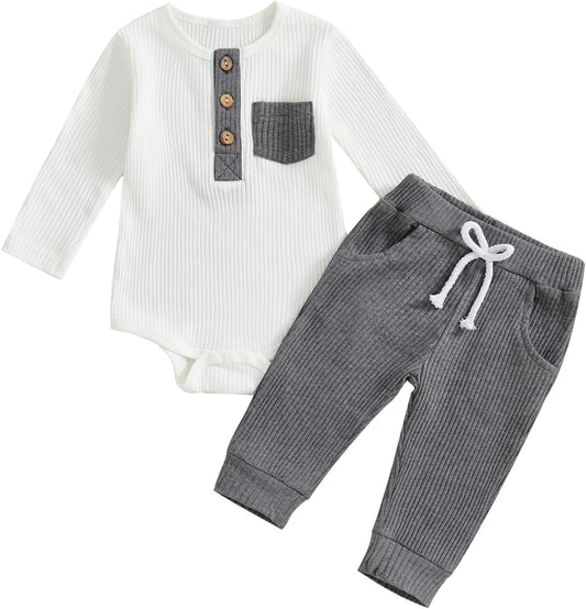 fhutpw Baby Boy Clothes 3 6 12 18 Months Ribbed Knitted Long Sleeve Romper and Pants Sets Newborn Fall Splicing Color Outfits