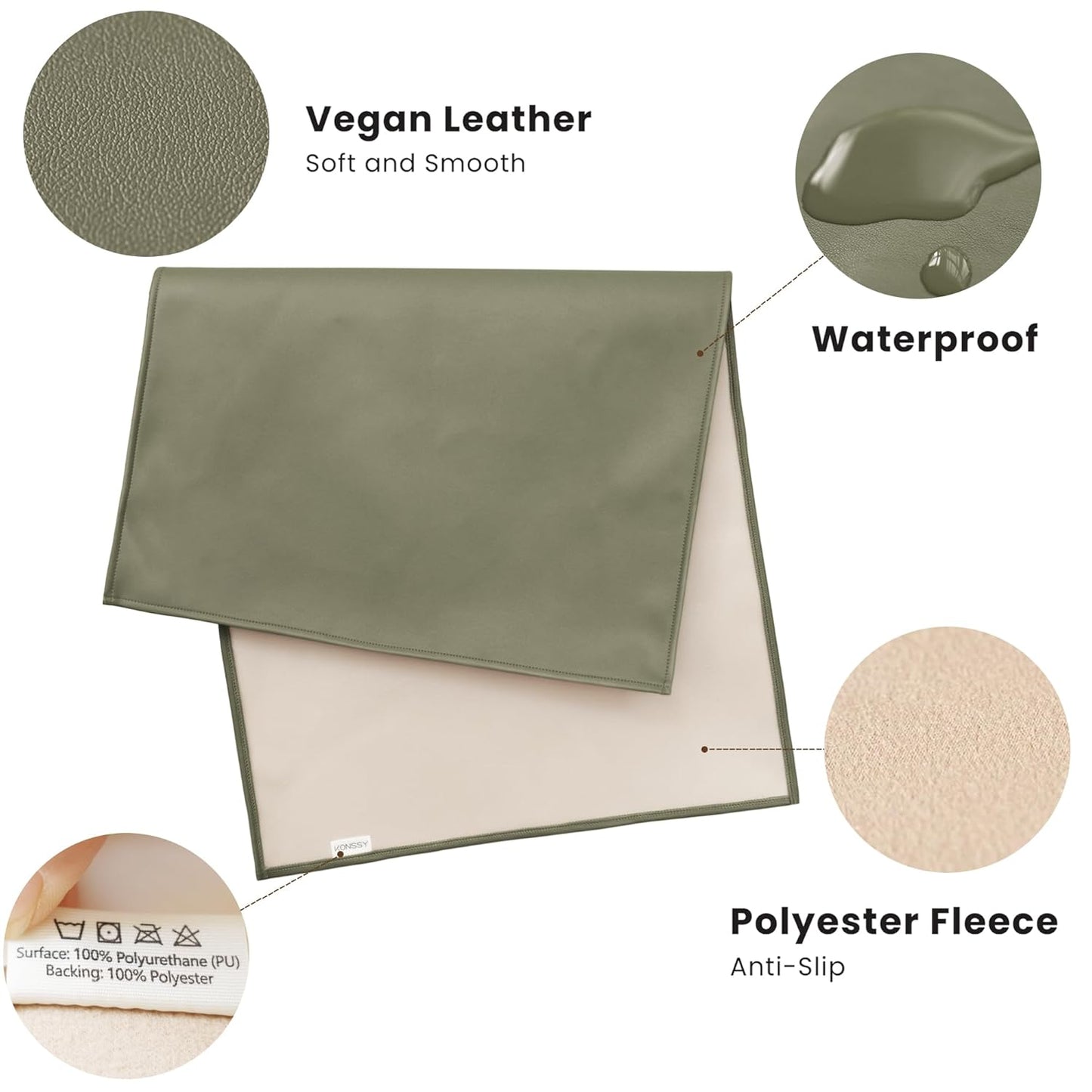 Konssy Faux Leather Baby Changing Mat, Waterproof, Wipeable & Portable Diaper Changing Pad for Travel or Home, Fits Perfectly in Diaper Bag, 30 x 17 inches (Fog Green,Beige)