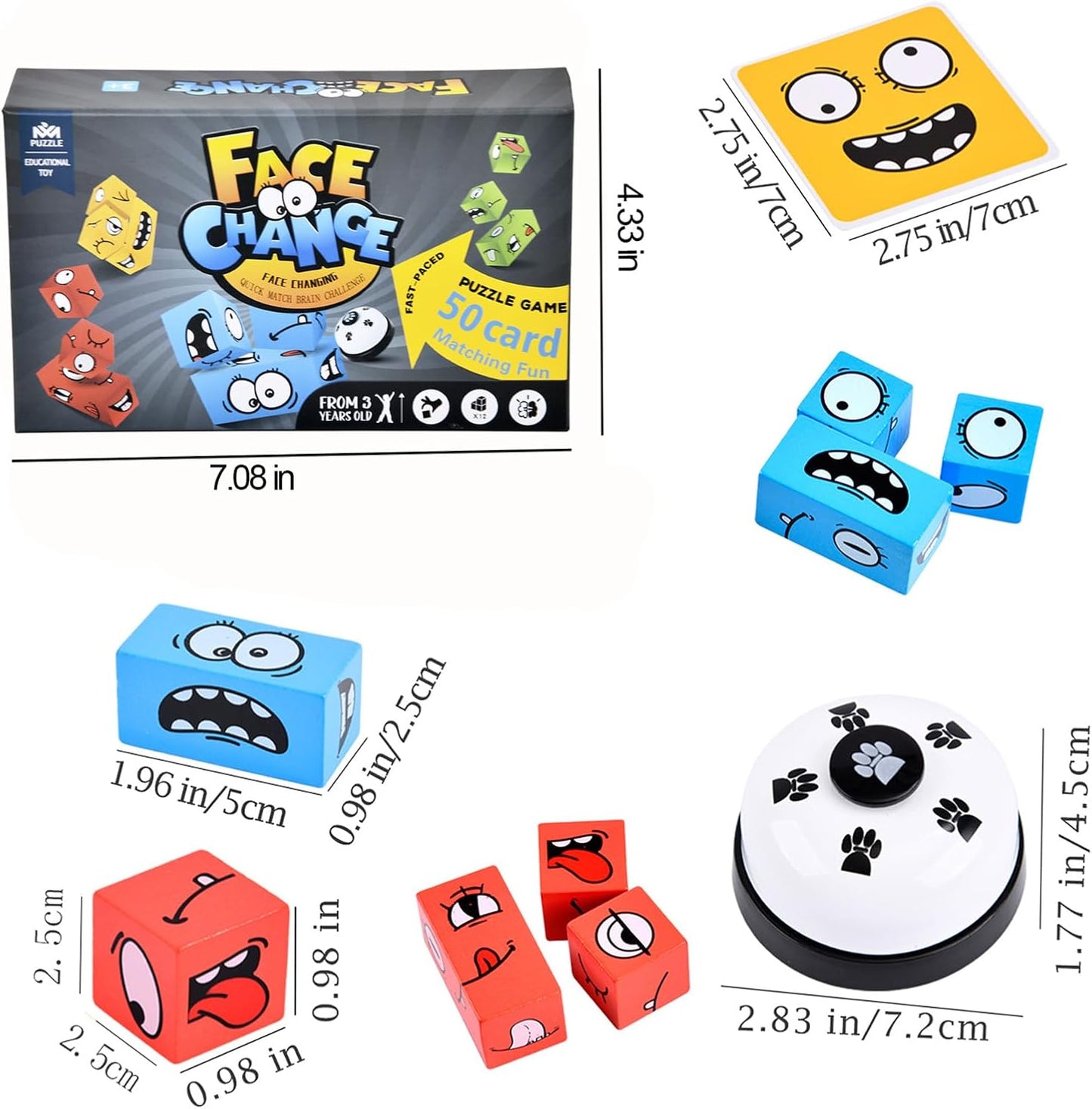 Wooden Face Changing Magic Cube Game, Expression Puzzle Building Blocks Pattern Matching Game, Educational Puzzles Toy Board Games for Kids and Adults with Bell