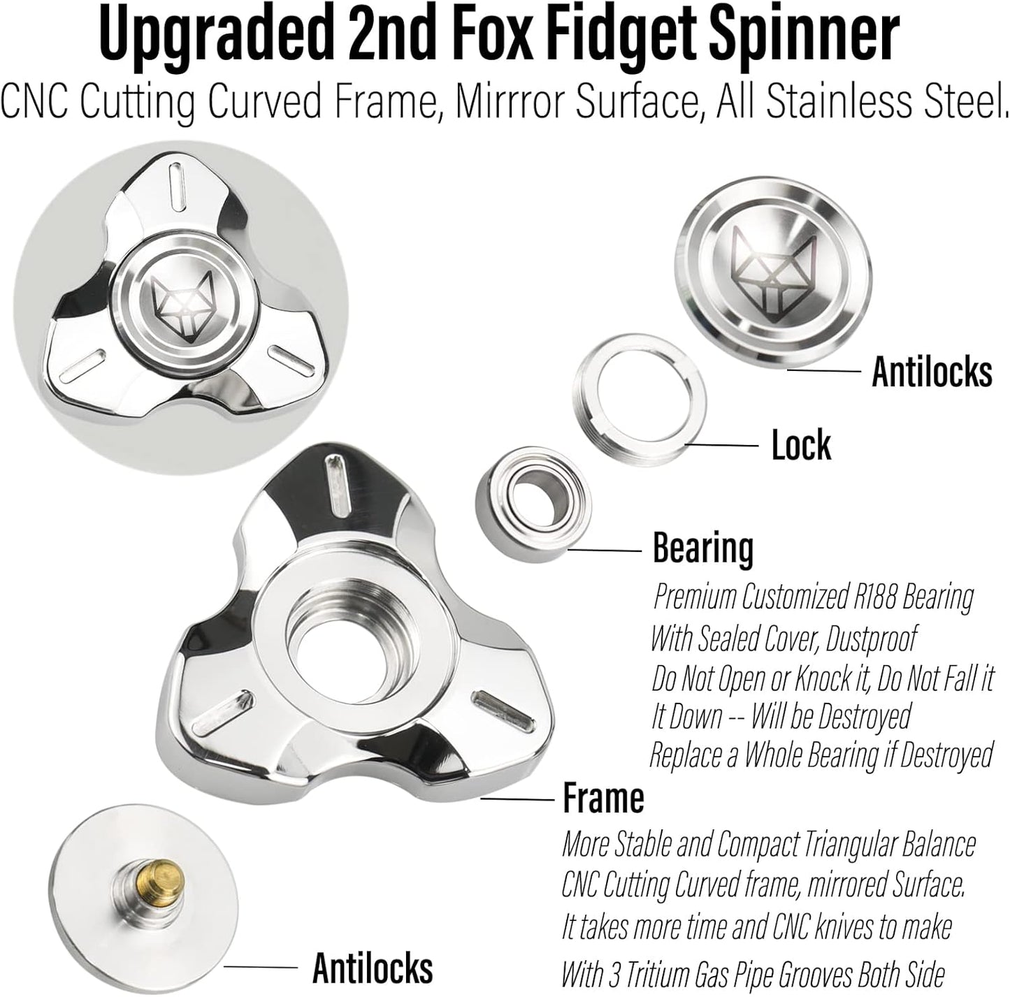 FREELOVE Metal Fidget Spinner, Stainless Steel Heavy, Long Spinning Toys, Cool Silent, Small Mini 2nd Fox Figette Spiner for Adults Men Anxiety, Quiet Bearing, Silver