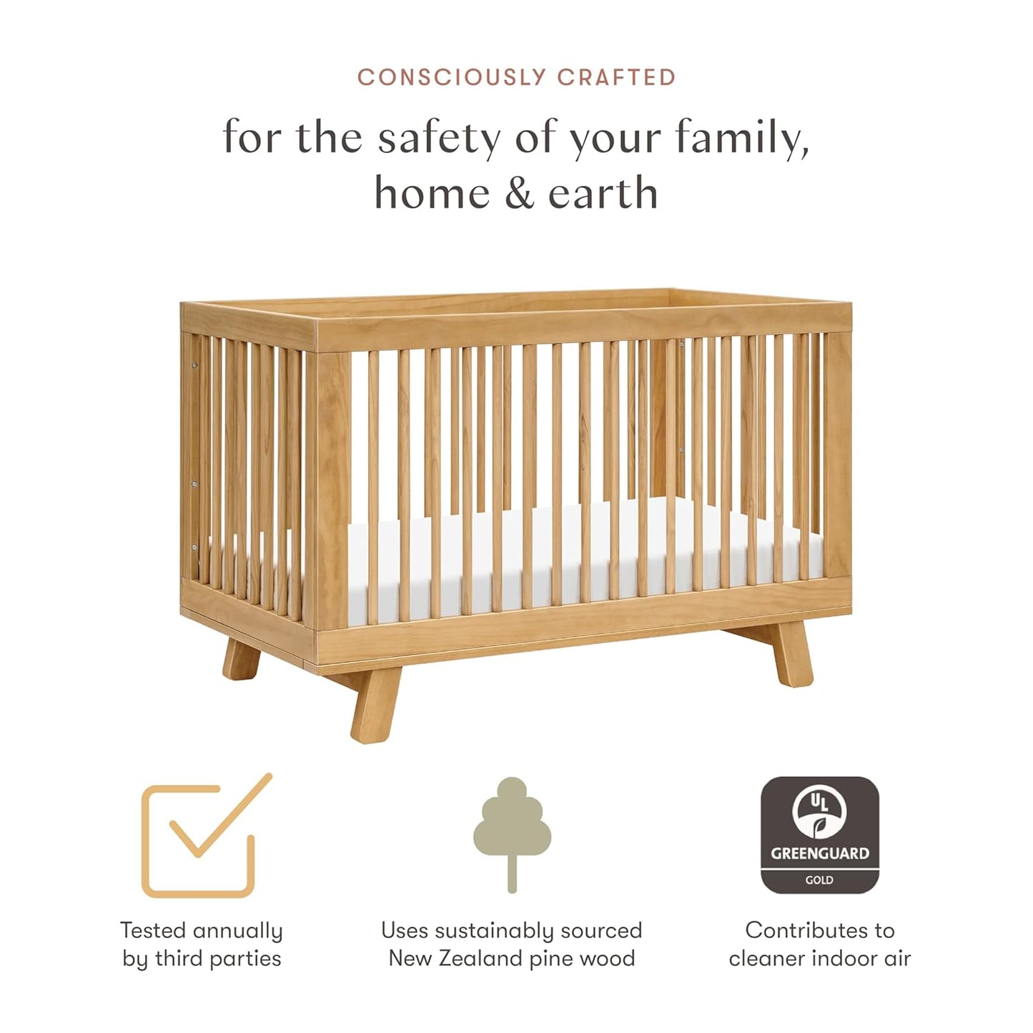 babyletto Hudson 3-in-1 Convertible Baby Crib with Wooden Toddler Bed & Daybed Conversion - Easy to Assemble & GREENGUARD Gold Certified - 4 Adjustable Mattress Heights - Honey