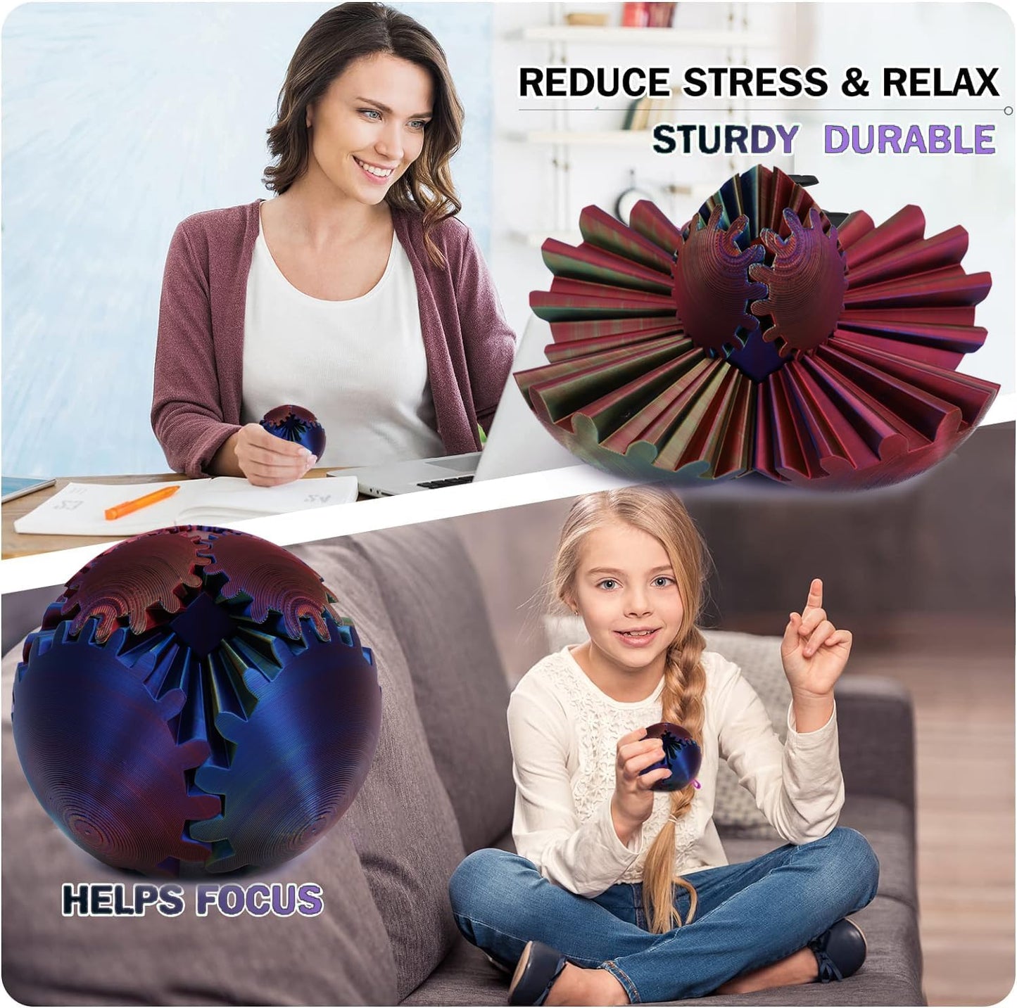 Gear Ball for ADHD 3D Printed Gear Ball Steampunk Whirling Wonder Fidget Toy Gearsphere Gear Ball for Stress and Anxiety Relaxing Fidget Ball Ideal for Sensory Needs and Autism (Laser Yellow Red Blue)