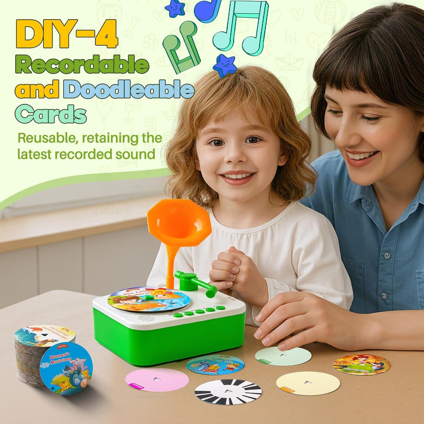 Kids Phonograph Toddler Record Player， with 96 Learning Cards, Early Education Machine Record Player Music Box Storyteller pop Speakers, Gift for Boys and Girls