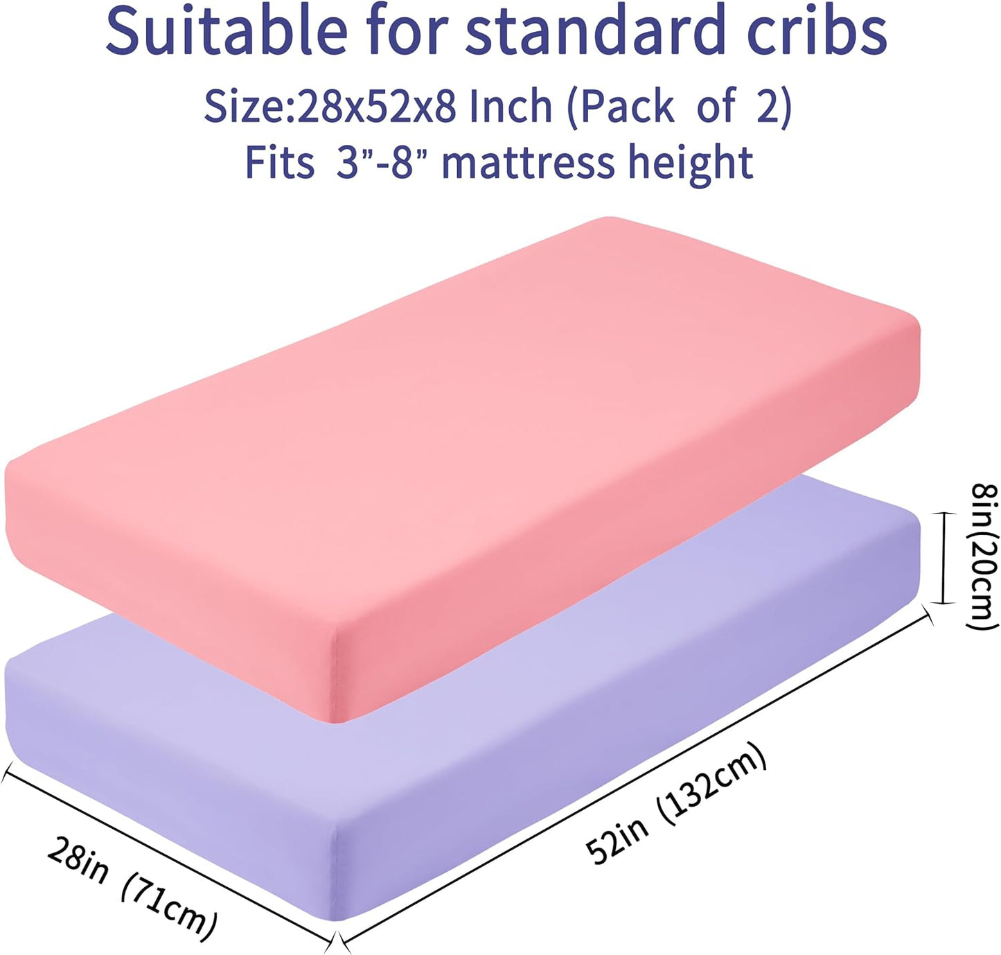 Baby Crib Sheets for Boys Girls, 2 Pack Fitted Crib Sheet for Standard Crib and Toddler Mattress, Soft Microfiber Baby Sheet 52x28x8in. (Purple & Pink)