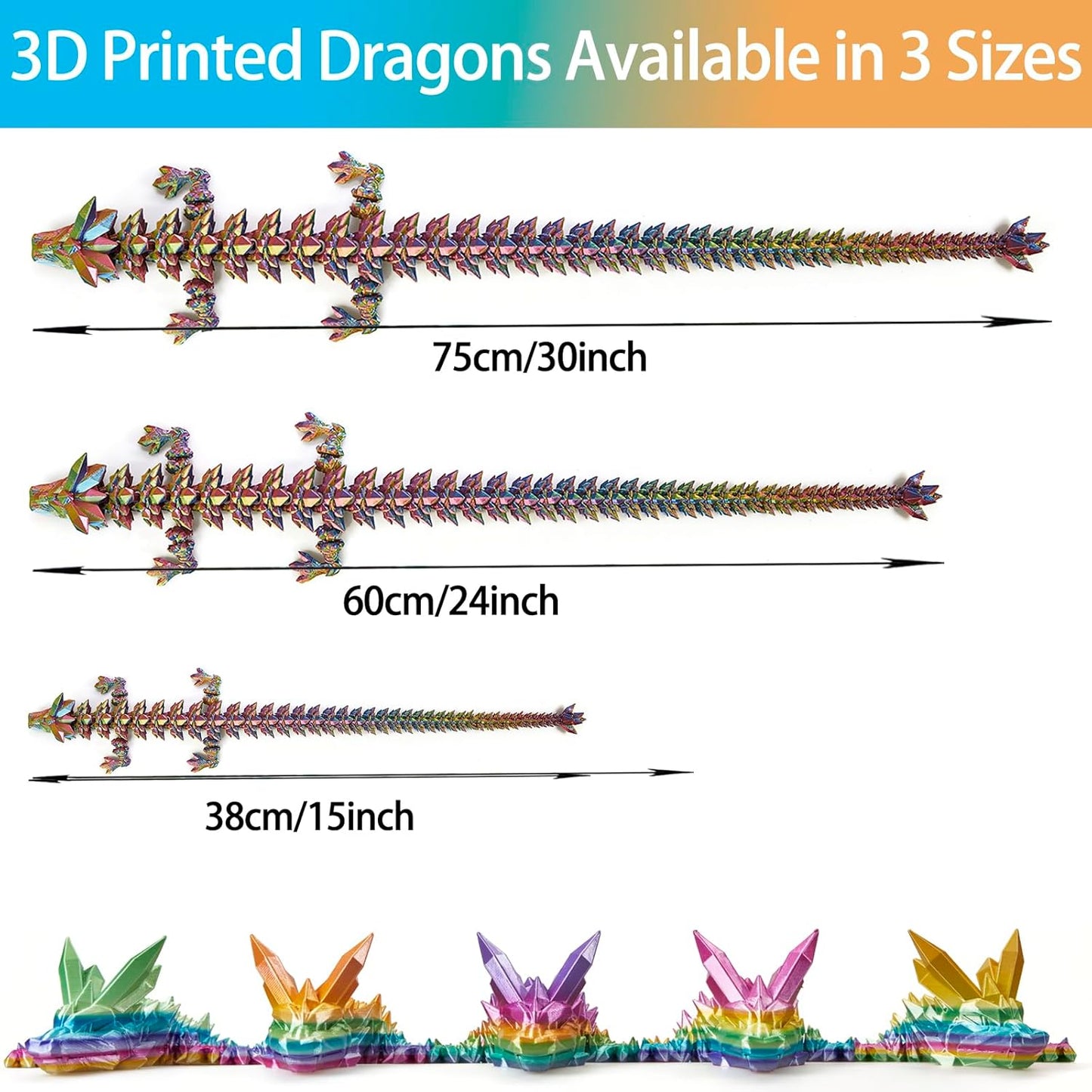 3D Printed Dragon, 30 Inch Crystal Dragon, Bigger Fidget Toys Adults, 3D Printed Articulated Dragon for Home Office Car Desk Decor Toys, Dragon Eggs Gift Given on Birthday (Red Yellow Blue)
