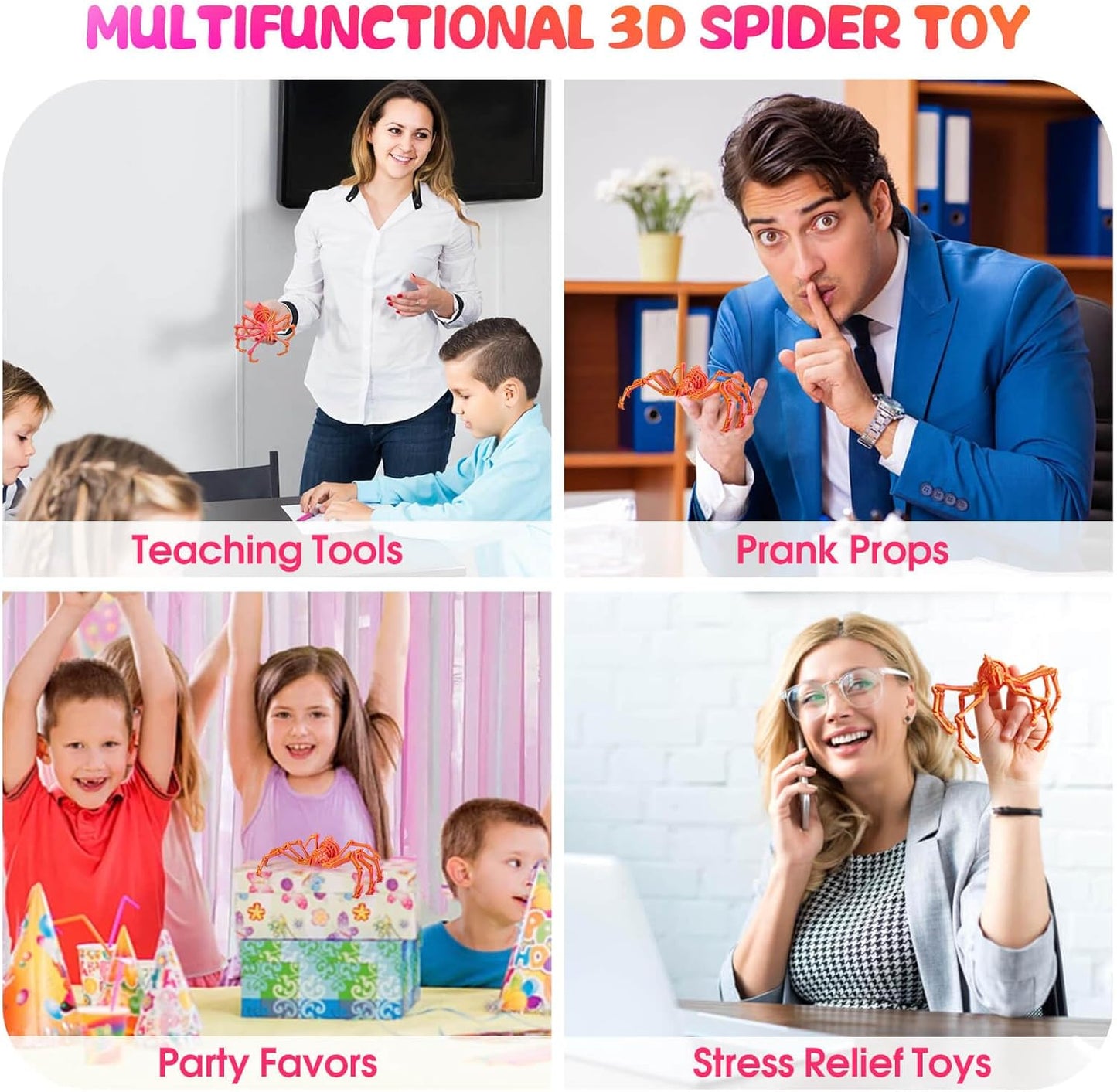 3D Printed Spider Fidget Toys, 1 Pack Articulated Fake Spider Figures Party Favors for Birthday Halloween Christmas, Stress Relief Desk Toys for Classroom Office Home (Laser-orange)