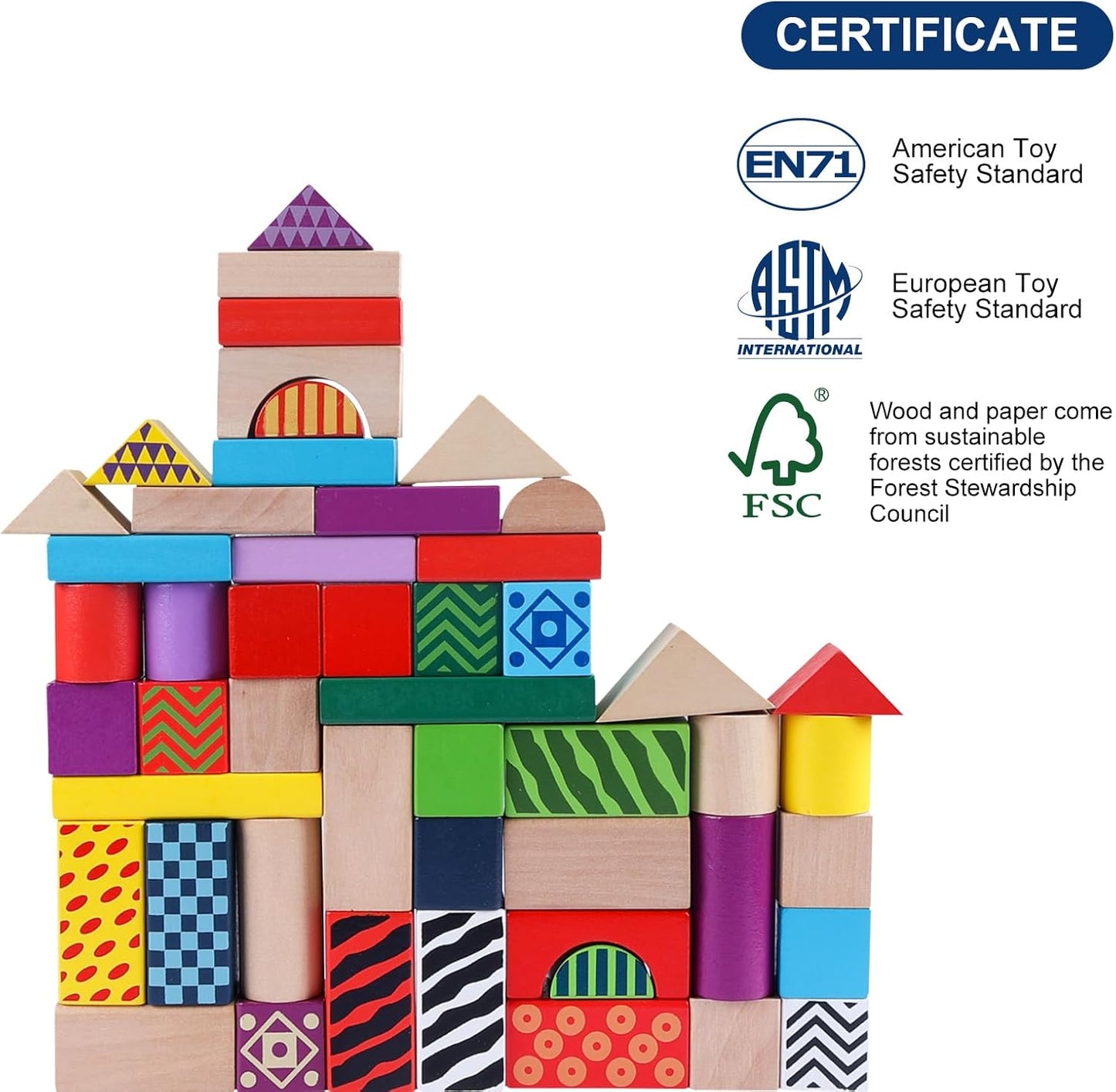 Wooden Building Blocks for Toddlers 1-3, Montessori Shape Sorting & Stacking Toys, 50 Pcs Colored Wooden Blocks Set with Storage Bucket, Kids Building Toys, Stacking Blocks for Boys Girls