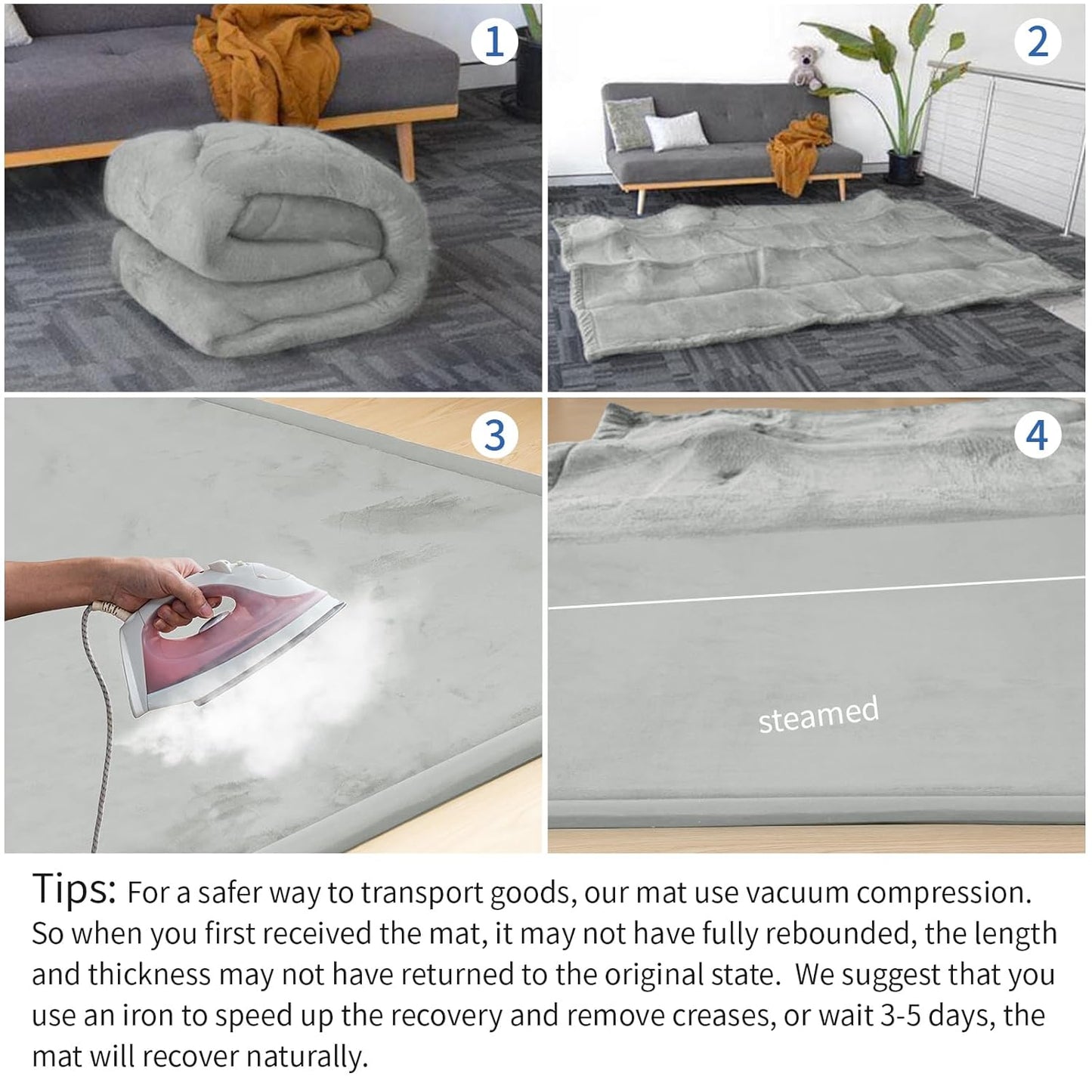 Baby Play Mat for Floor,1.3" Thick Elasti-Foam 74×50 Playpen Mat for Toddlers Infant Kids,Water-Repellent Soft Coral Velvet for Tummy Time, Non-Slip Backing for Crawling,Tatami Style(Light Grey)