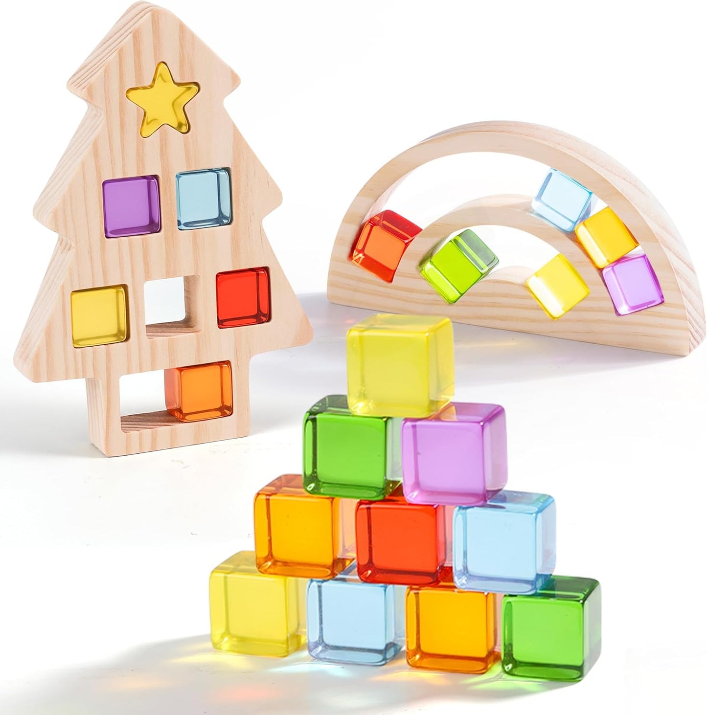 Wooden Building Blocks Set for Kids, Rainbow & Tree Shaped Wood Frame - 24 PCS Rainbow Gem Cubes Stacking Blocks, Montessori Stacking Toy for Toddlers, Early Learning Gifts for Boys Girls 3-6