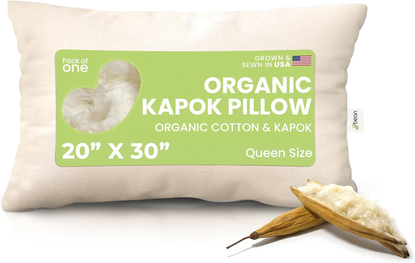 Bean Products Kapok 20" x 30" Queen Pillow - Breathable, Eco-Friendly and Durable Organic Cotton Fabric Bed Pillow - Soft and Supportive Pillow for Sleeping, Made in The USA