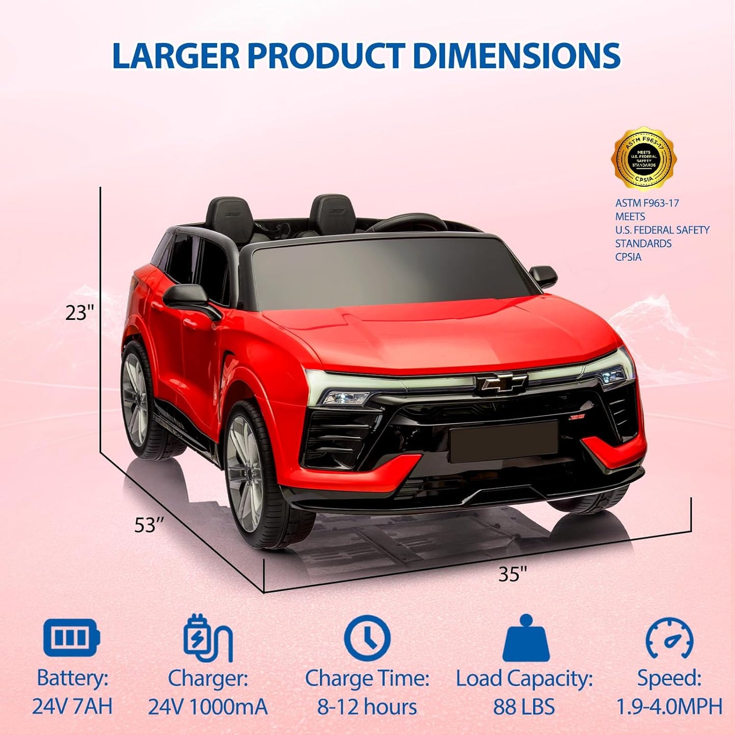 Jojoka Baby Car 24V 2-Seater SUV Licensed Chevrolet Blazer Ride On Toy w/Parent Remote Control,4xSpring Suspension, Wireless Music, Electric Vehicle Car for Kids Ages 3-8, Red